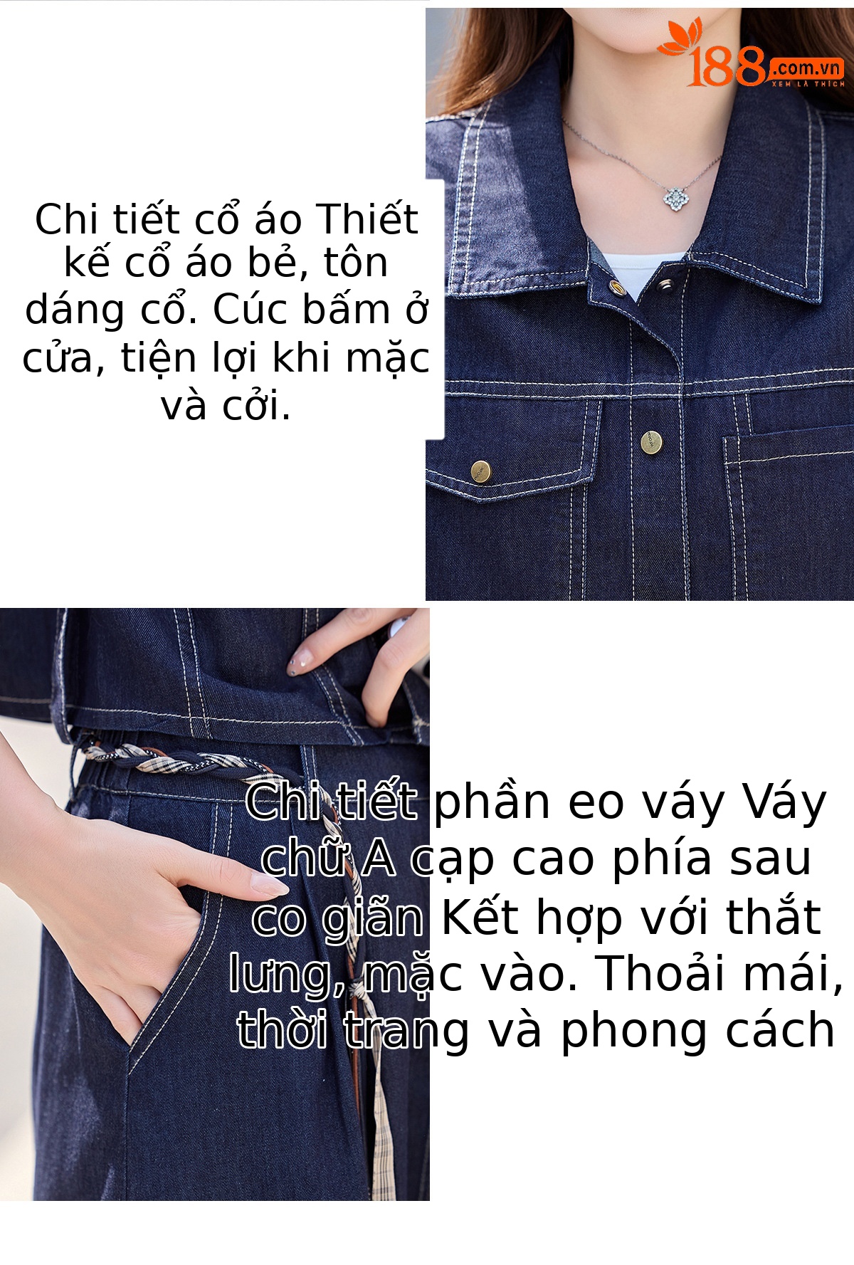 Bộ váy denim ba mảnh gồm áo khoác vest không tay, áo hai dây và chân váy midi — Màu ảnh chi tiết 10