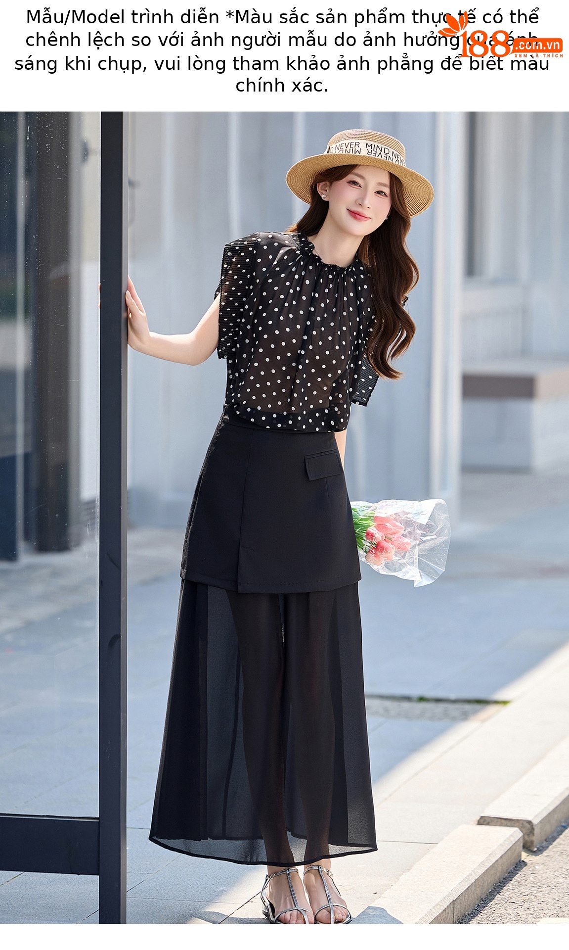 Set áo sơ mi chấm bi + chân váy midi suông rộng thiết kế thanh lịch 2026 — Màu ảnh chi tiết 12