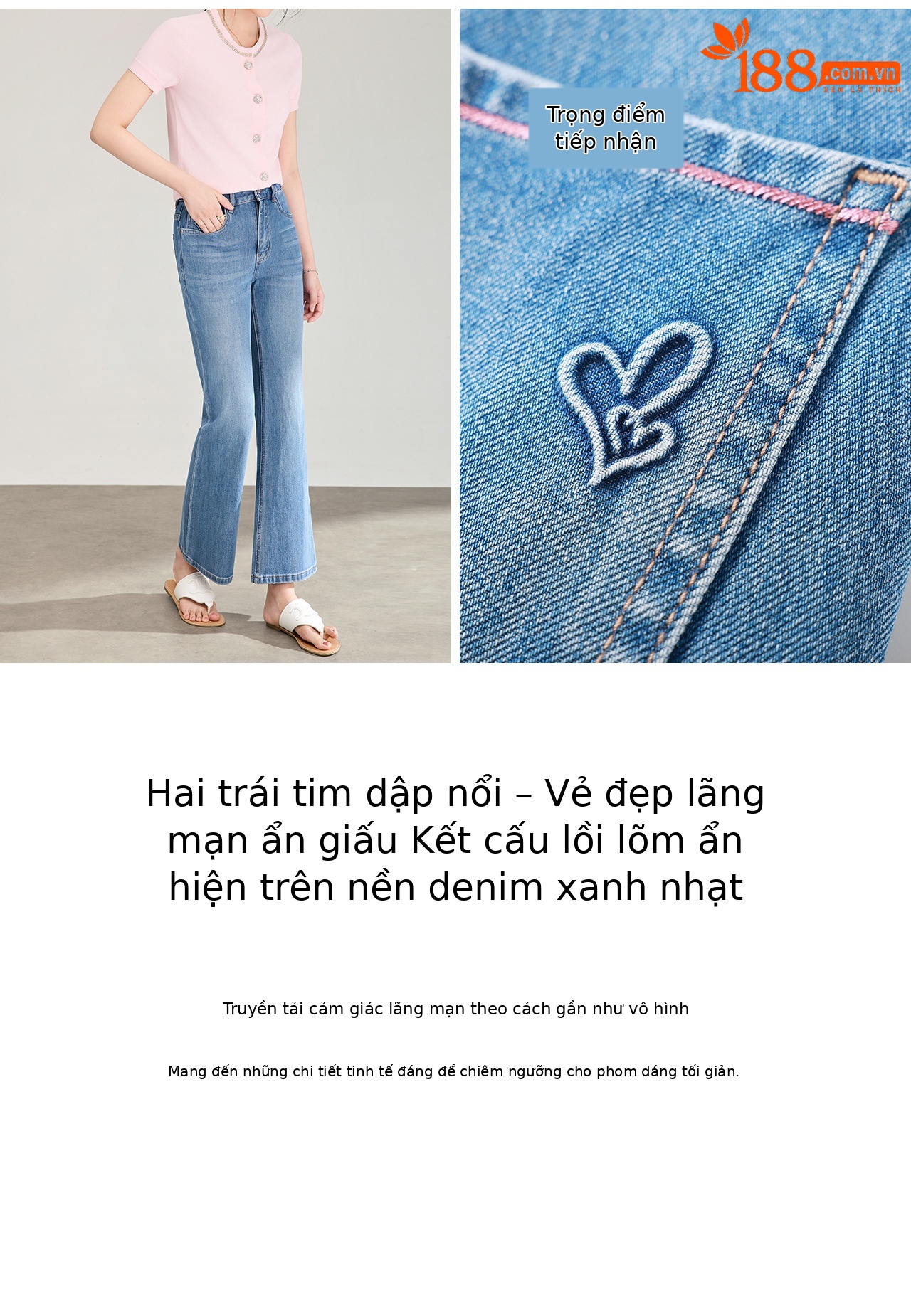 Quần jean nữ ống loe nhẹ co giãn 4 chiều, cạp cao ôm eo, in hình trái tim — xanh lam chi tiết 9