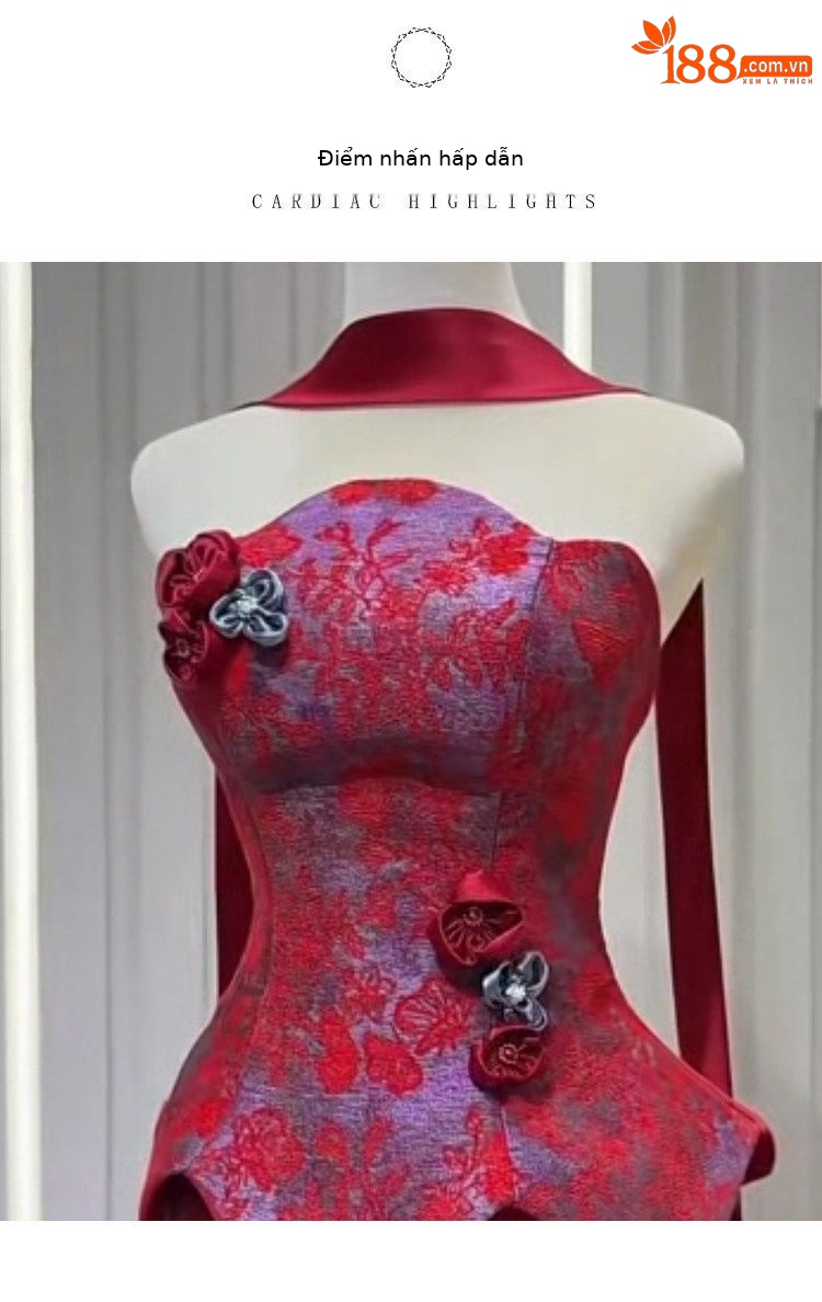 Đầm dạ hội ôm body cổ yếm đỏ đính kết cầu kỳ phong cách tân cổ điển — Đỏ rượu chi tiết 2