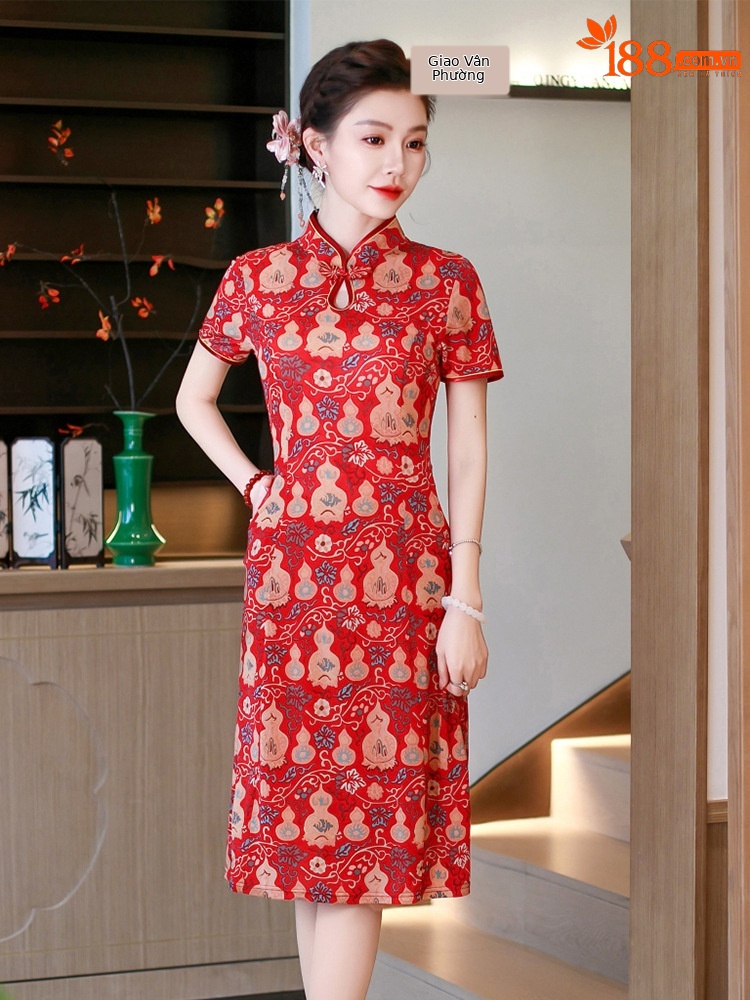 Đầm maxi nữ cổ đứng kiểu tân Trung Hoa in họa tiết dáng dài — xanh lam, màu đỏ