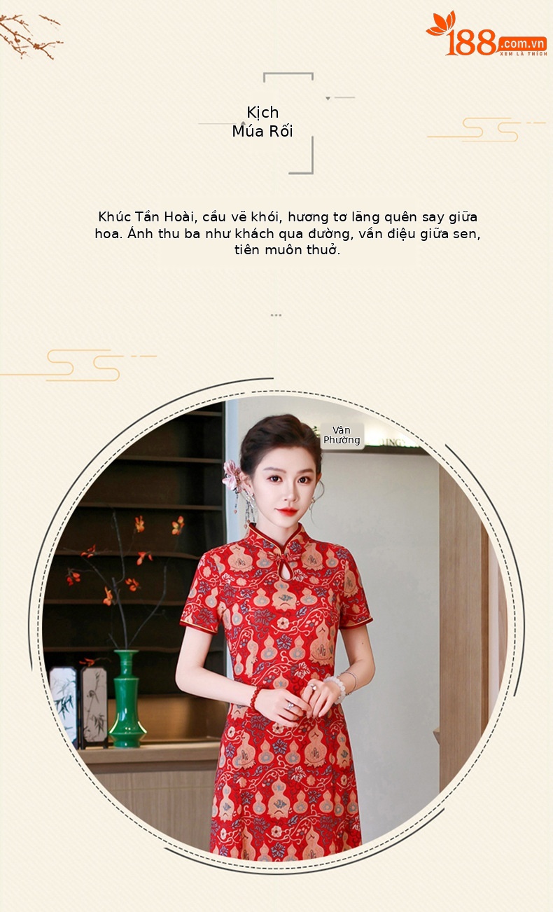Đầm maxi nữ cổ đứng kiểu tân Trung Hoa in họa tiết dáng dài — xanh lam, màu đỏ chi tiết 2