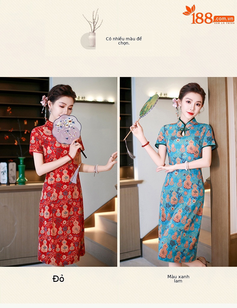 Đầm maxi nữ cổ đứng kiểu tân Trung Hoa in họa tiết dáng dài — xanh lam, màu đỏ chi tiết 3