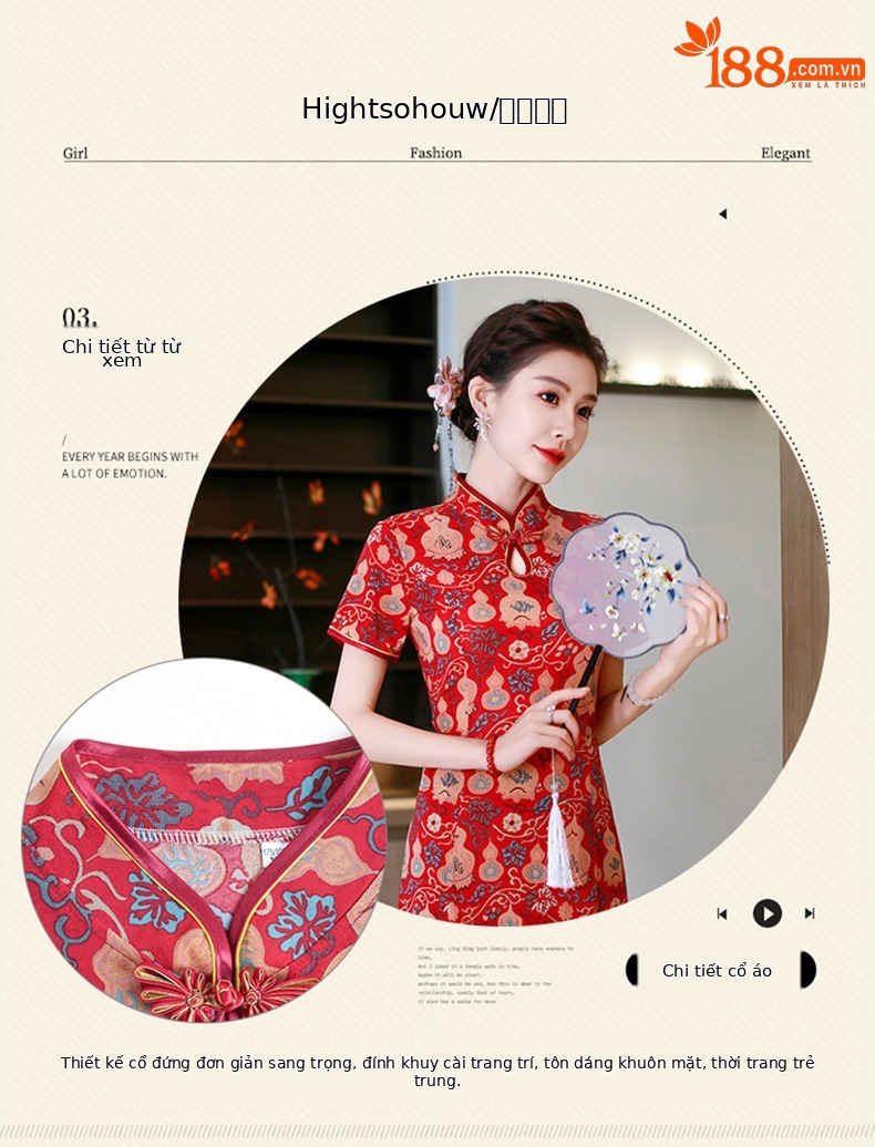 Đầm maxi nữ cổ đứng kiểu tân Trung Hoa in họa tiết dáng dài — xanh lam, màu đỏ chi tiết 4