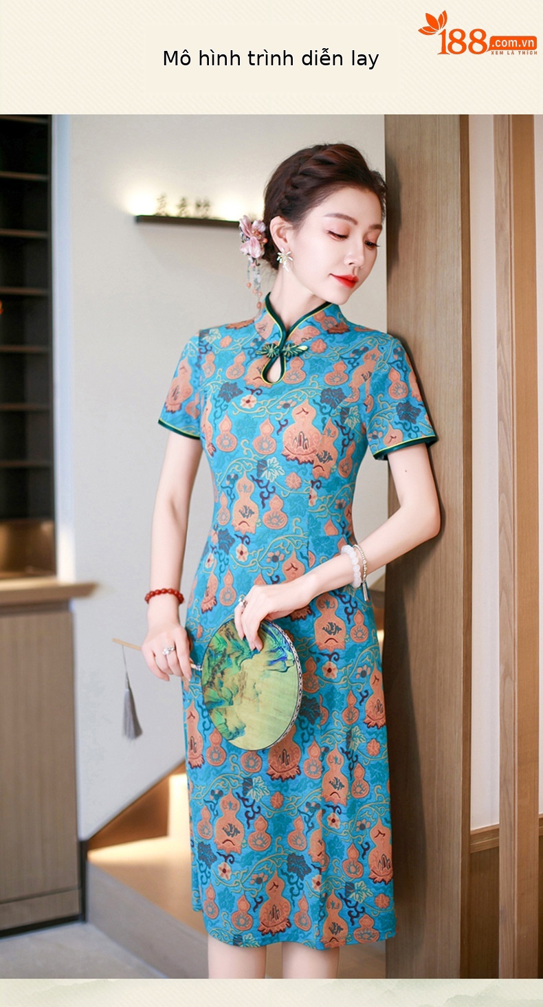 Đầm maxi nữ cổ đứng kiểu tân Trung Hoa in họa tiết dáng dài — xanh lam, màu đỏ chi tiết 9