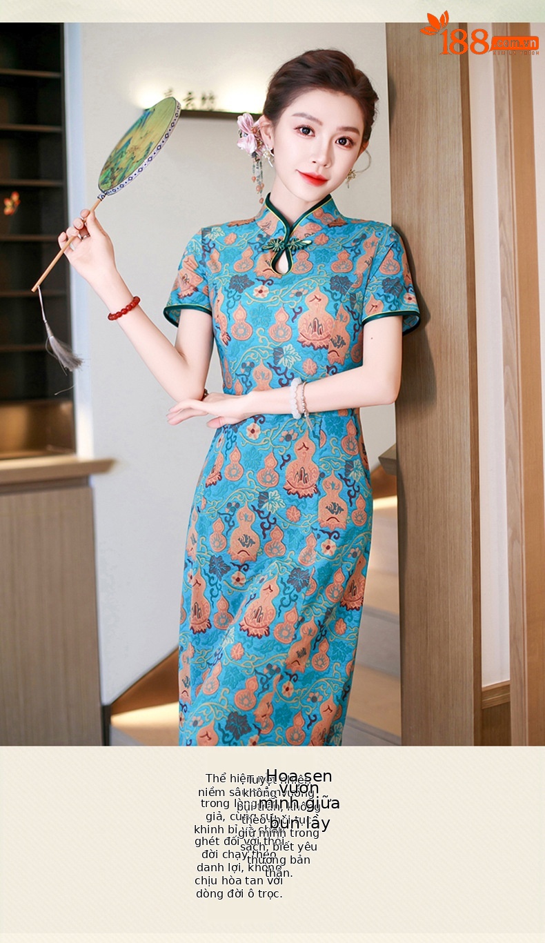 Đầm maxi nữ cổ đứng kiểu tân Trung Hoa in họa tiết dáng dài — xanh lam, màu đỏ chi tiết 10
