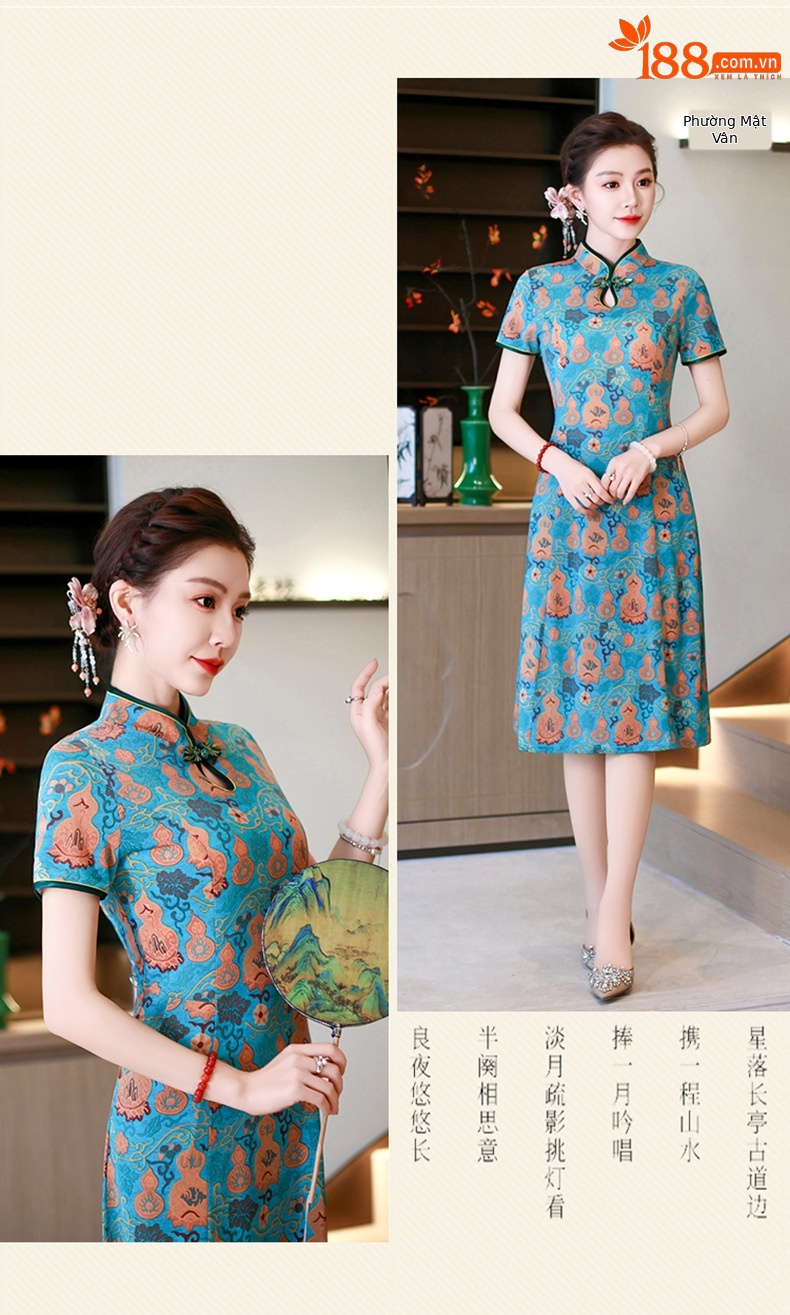 Đầm maxi nữ cổ đứng kiểu tân Trung Hoa in họa tiết dáng dài — xanh lam, màu đỏ chi tiết 11