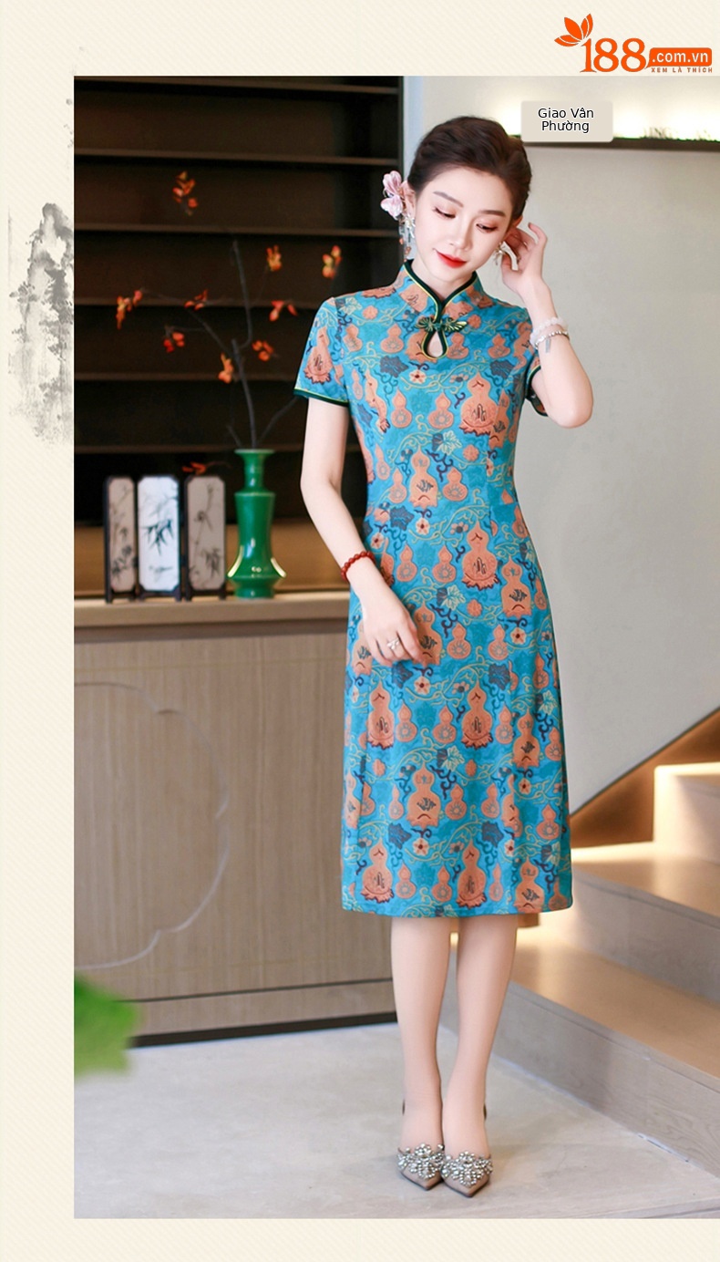 Đầm maxi nữ cổ đứng kiểu tân Trung Hoa in họa tiết dáng dài — xanh lam, màu đỏ chi tiết 12