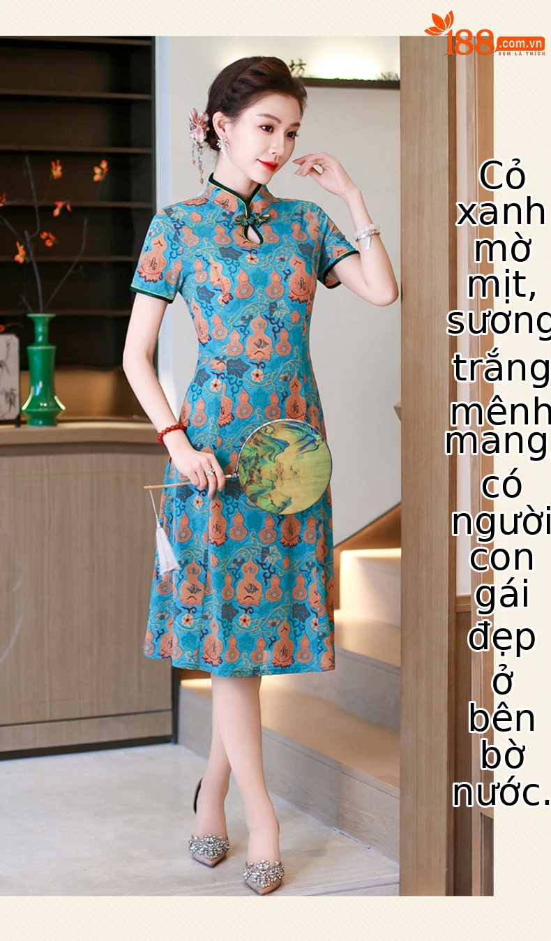 Đầm maxi nữ cổ đứng kiểu tân Trung Hoa in họa tiết dáng dài — xanh lam, màu đỏ chi tiết 13