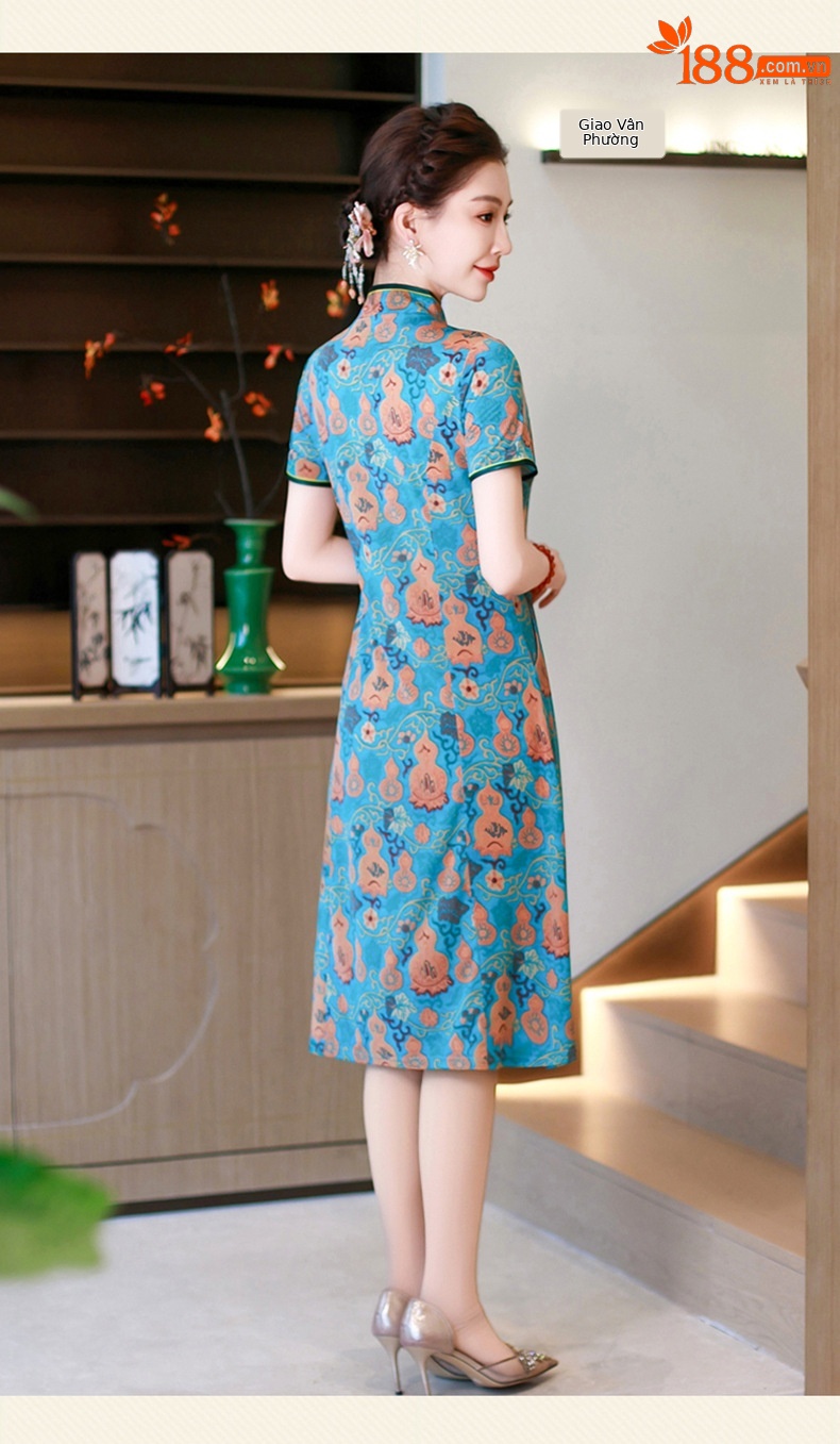 Đầm maxi nữ cổ đứng kiểu tân Trung Hoa in họa tiết dáng dài — xanh lam, màu đỏ chi tiết 14