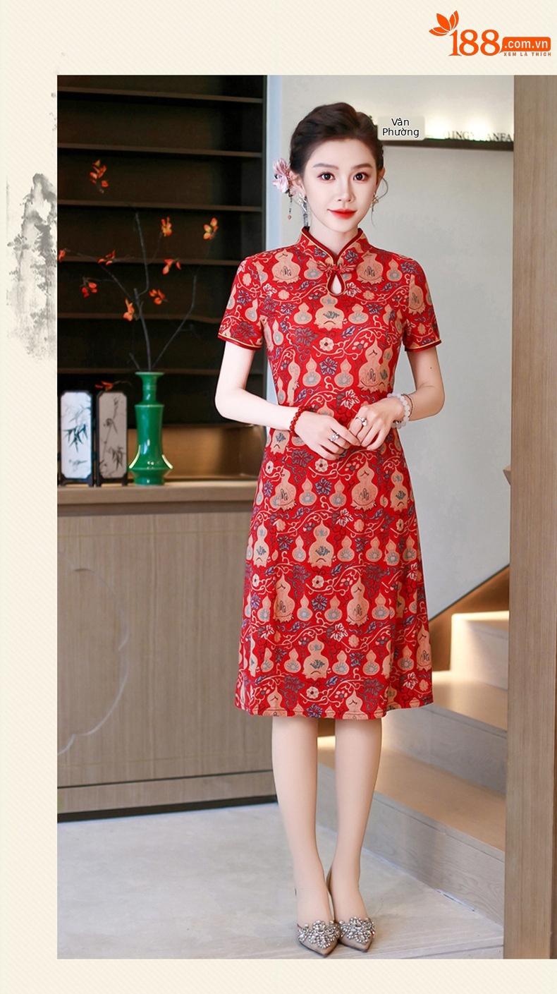 Đầm maxi nữ cổ đứng kiểu tân Trung Hoa in họa tiết dáng dài — xanh lam, màu đỏ chi tiết 19