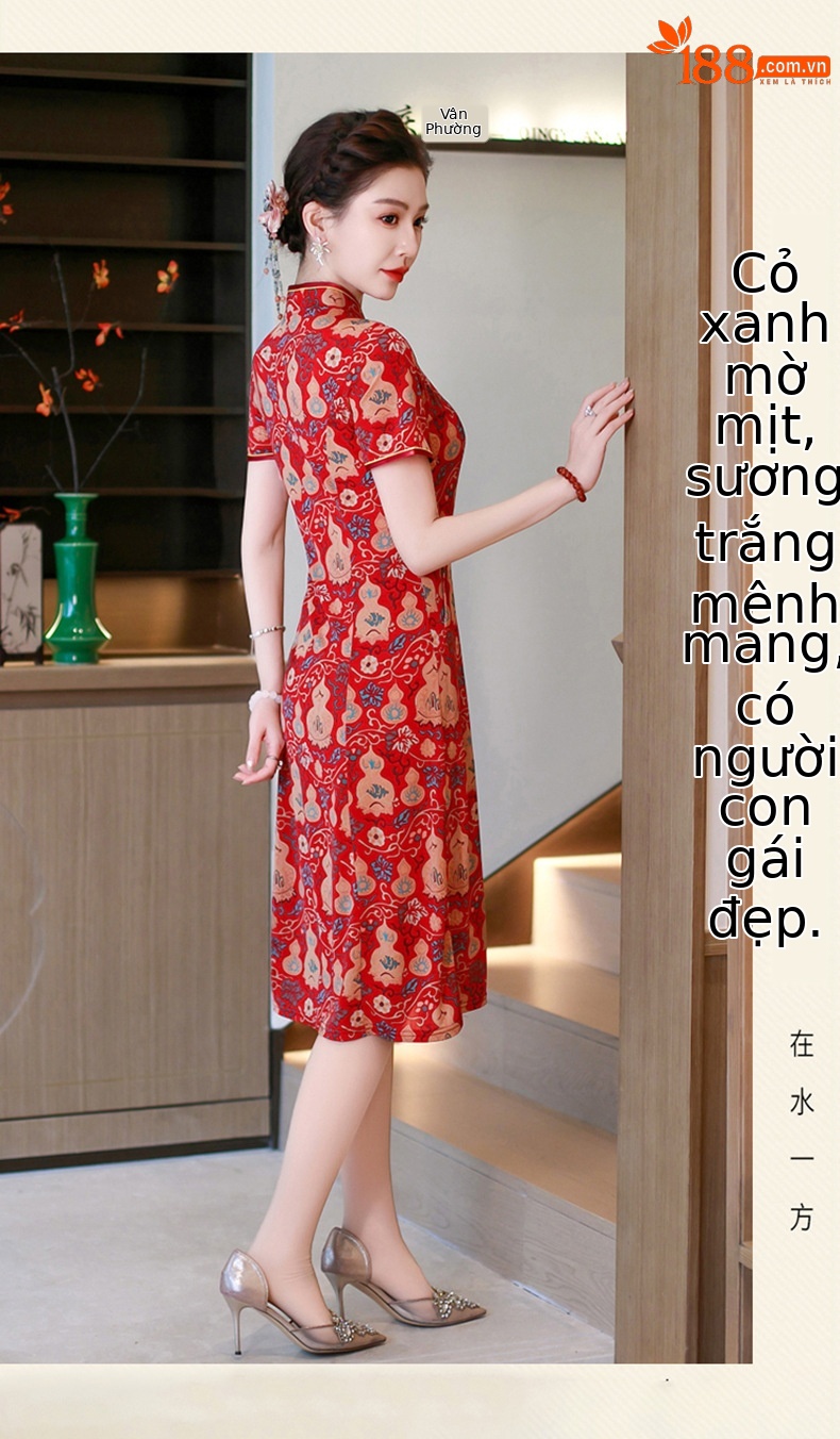 Đầm maxi nữ cổ đứng kiểu tân Trung Hoa in họa tiết dáng dài — xanh lam, màu đỏ chi tiết 20
