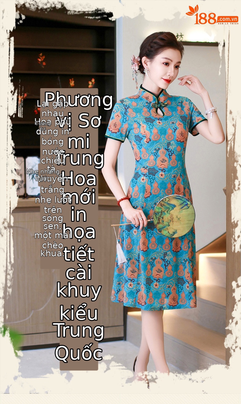 Đầm maxi nữ cổ đứng kiểu tân Trung Hoa in họa tiết dáng dài — xanh lam, màu đỏ chi tiết 1