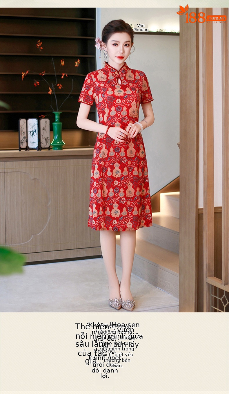 Đầm maxi nữ cổ đứng kiểu tân Trung Hoa in họa tiết dáng dài — xanh lam, màu đỏ chi tiết 17