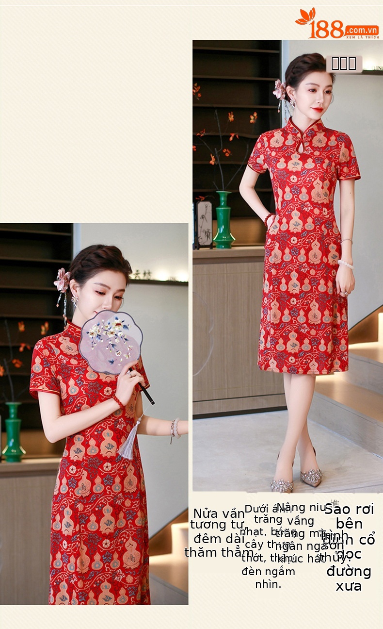 Đầm maxi nữ cổ đứng kiểu tân Trung Hoa in họa tiết dáng dài — xanh lam, màu đỏ chi tiết 18