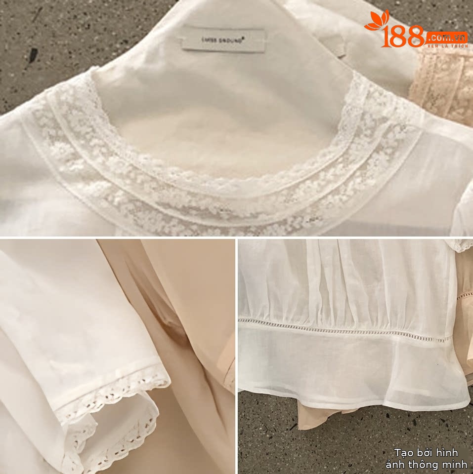 Áo sơ mi nữ tay ngắn phối ren cổ điển chất liệu tơ tằm linen — trắng ngà chi tiết 9