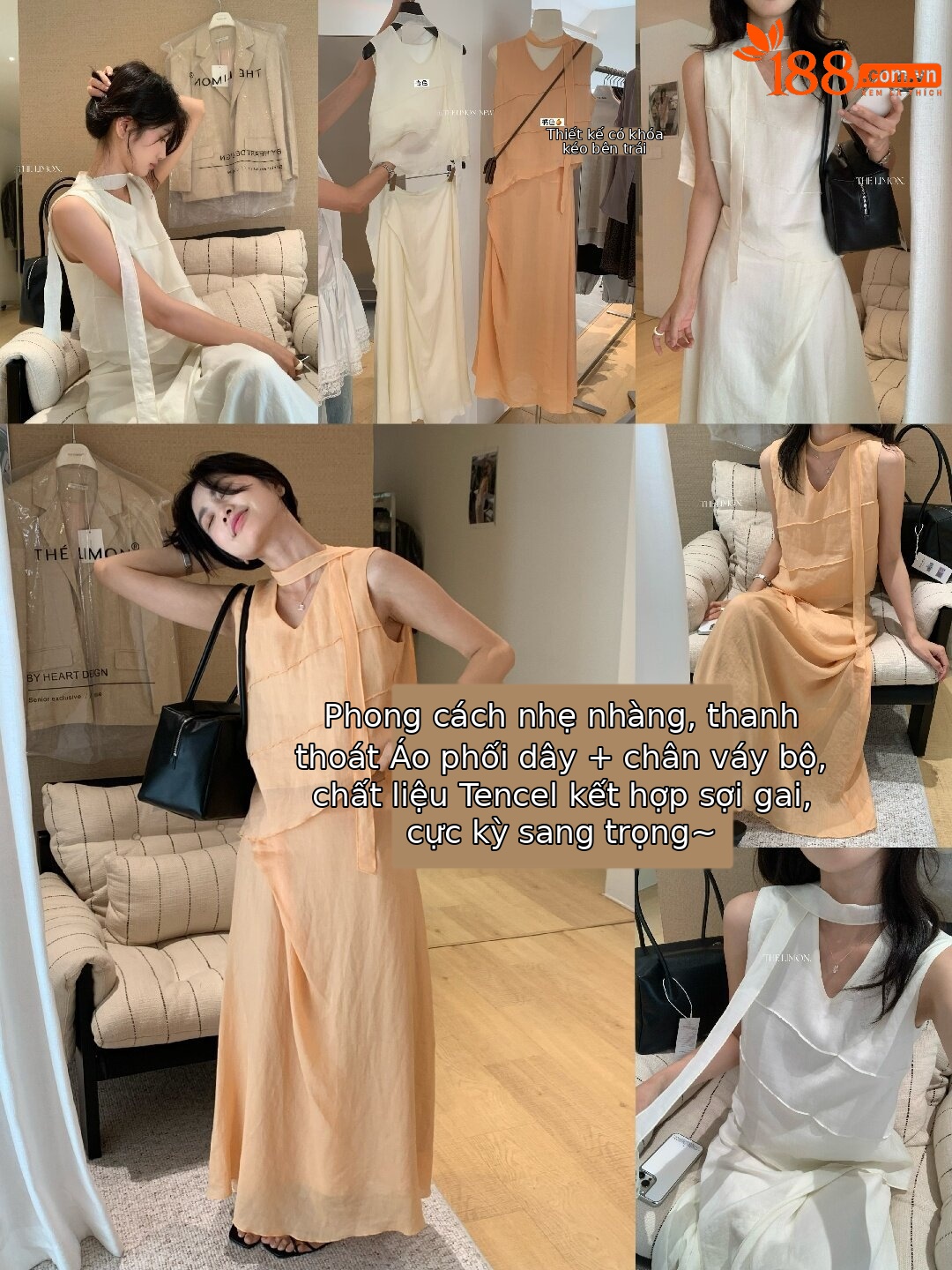 Bộ áo hai dây kết hợp chân váy midi nữ tính chất tơ tằm phong cách Hàn Quốc — màu cam, màu mơ chi tiết 50