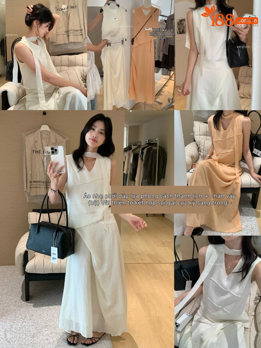 Bộ áo hai dây kết hợp chân váy midi nữ tính chất tơ tằm phong cách Hàn Quốc — màu cam, màu mơ chi tiết 51