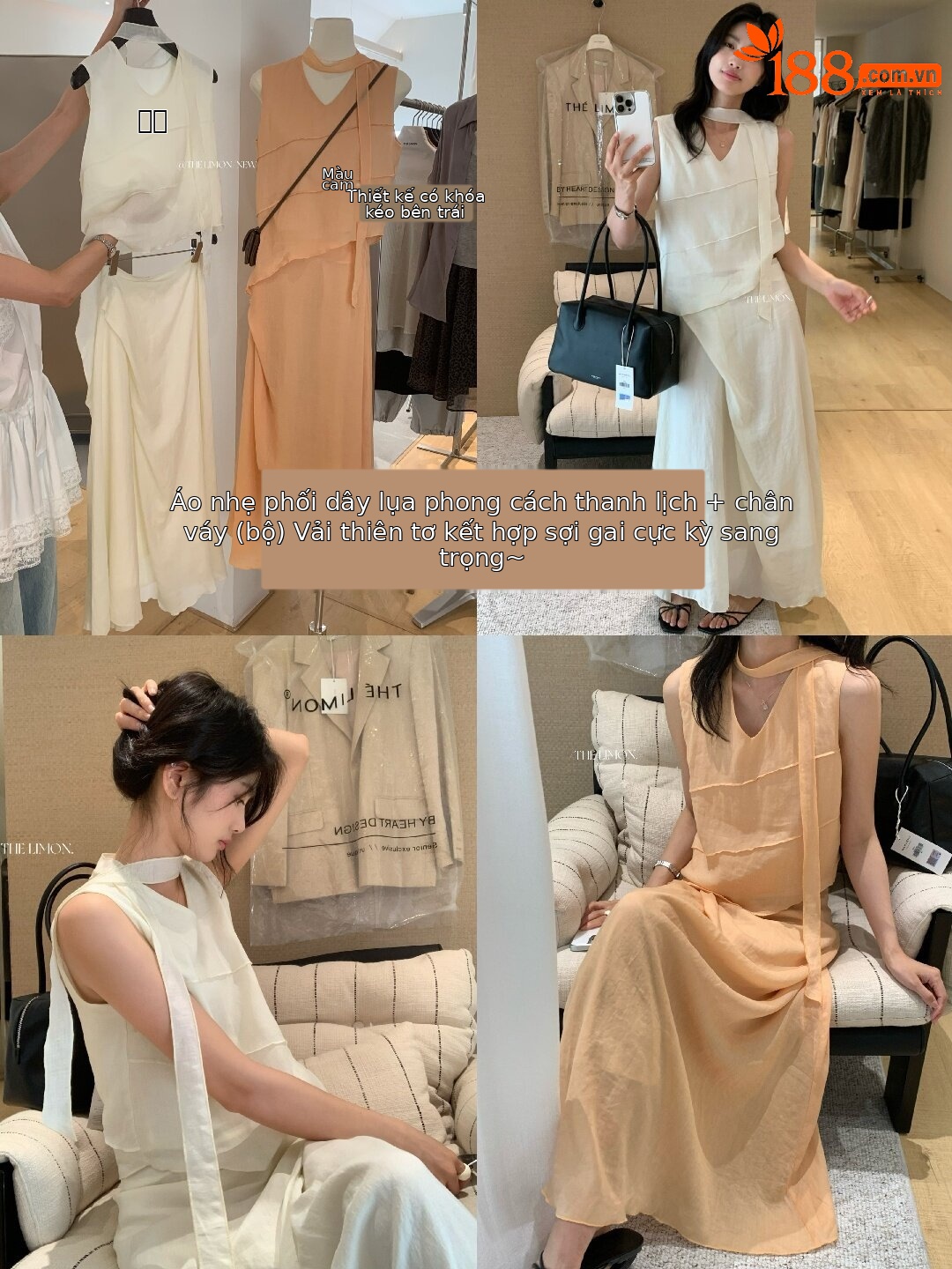 Bộ áo hai dây kết hợp chân váy midi nữ tính chất tơ tằm phong cách Hàn Quốc — màu cam, màu mơ chi tiết 49