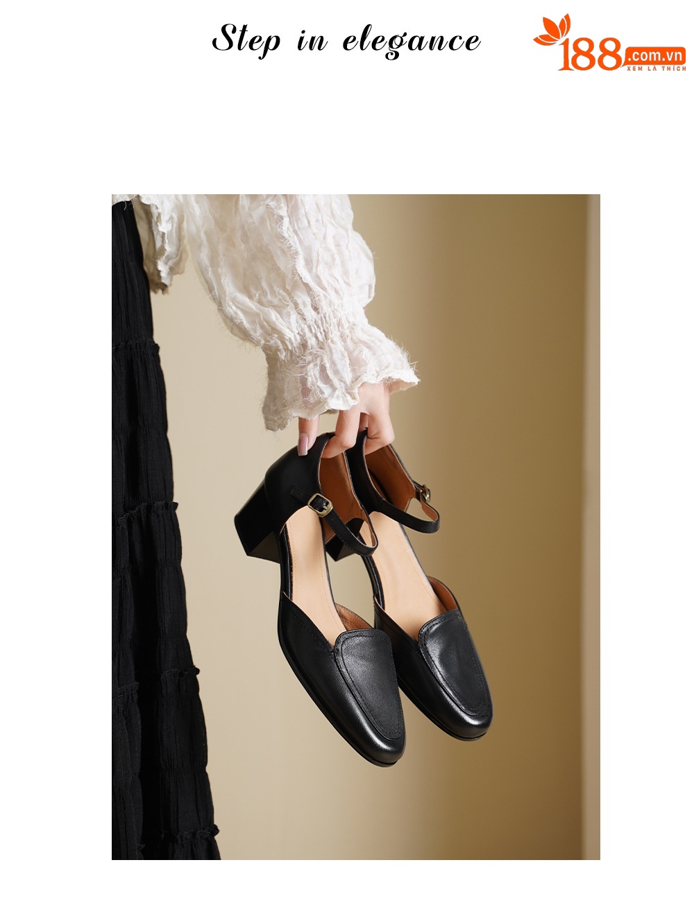Giày sandal cao gót nữ quai ngang mũi vuông gót 5 cm kiểu Mary Jane — đen chi tiết 1