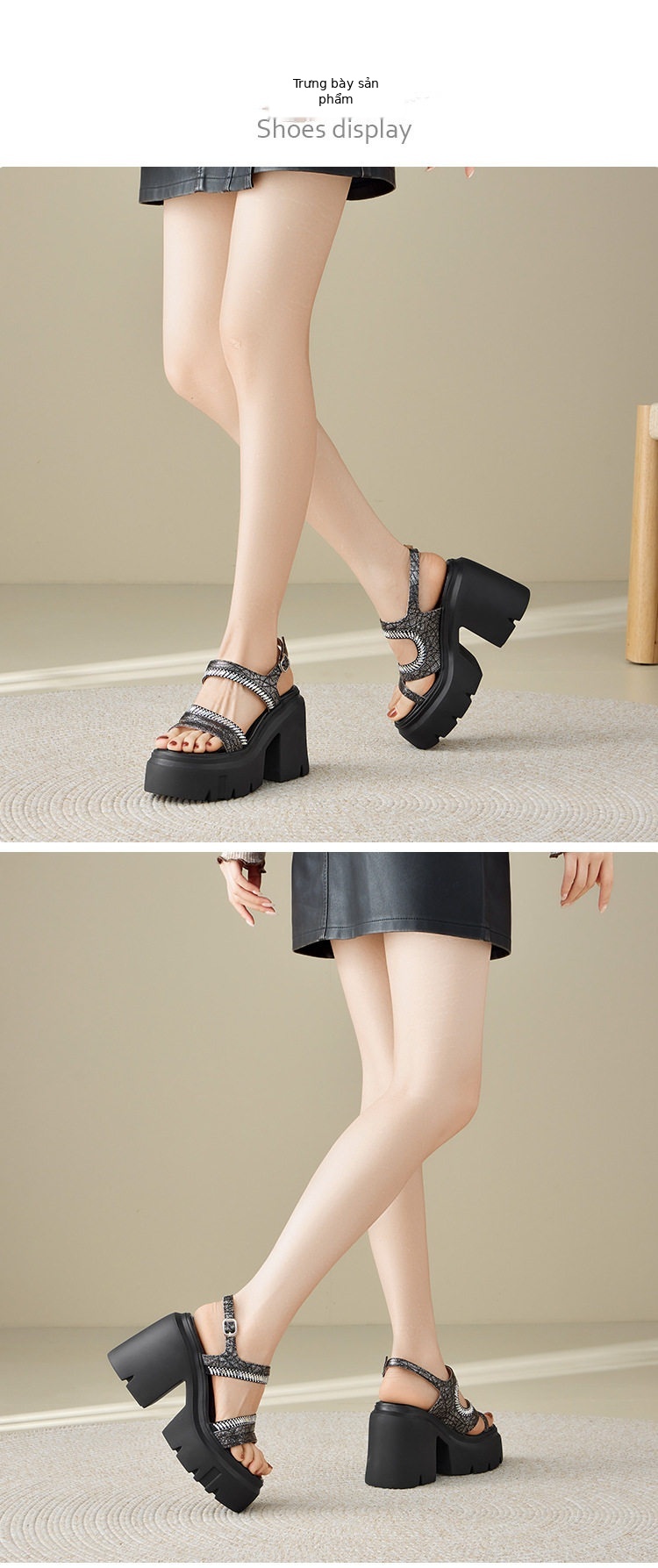 Sandal cao gót nữ hở mũi đế platform 12 cm, quai ngang đính đá — Xám, Áo khoác sáng, Bạc chi tiết 2