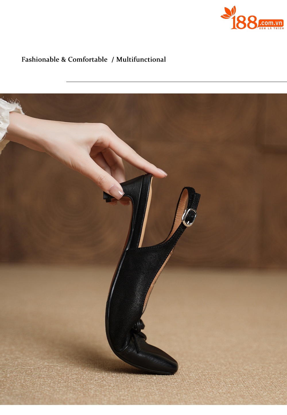 Sandal nữ da bò dệt gót 4.5 cm hở gót — màu nâu chi tiết 14