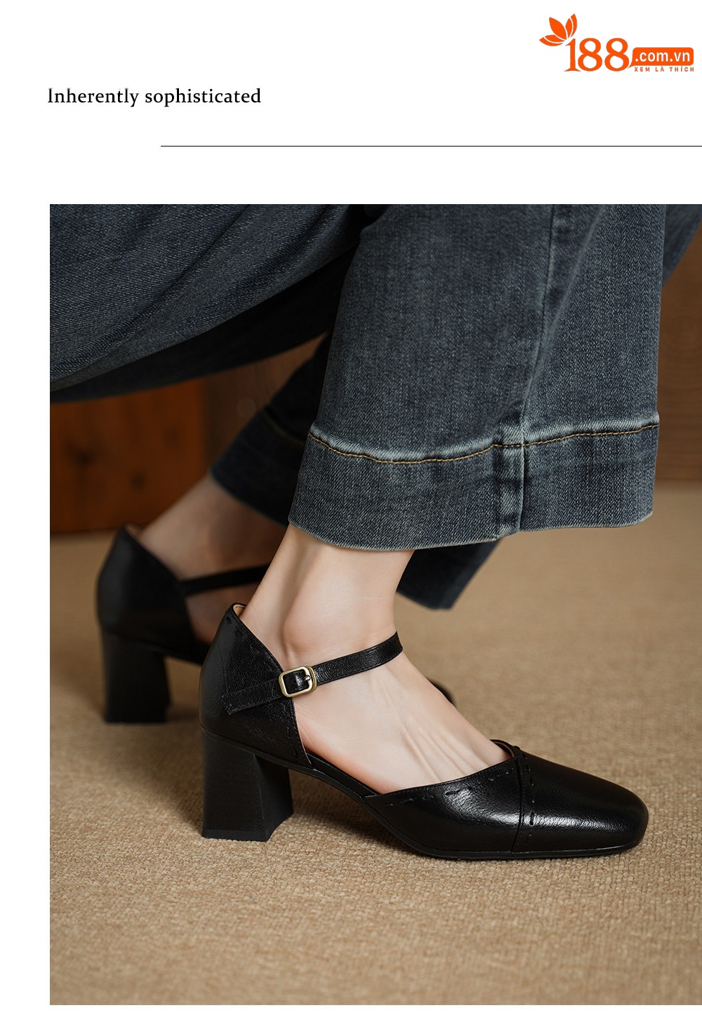 Giày sandal cao gót nữ quai ngang mũi vuông gót 6 cm — đen chi tiết 7