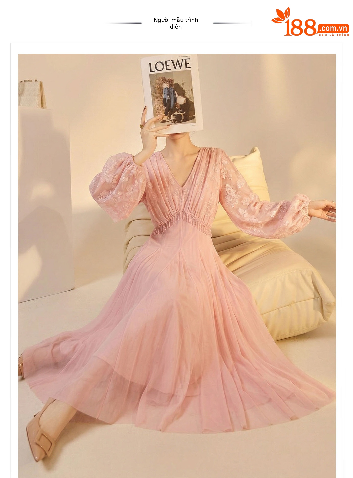 Đầm maxi nữ cổ V tay dài phong cách Trung Quốc mới, thiết kế thắt eo, dáng suông nhẹ — màu hồng chi tiết 1