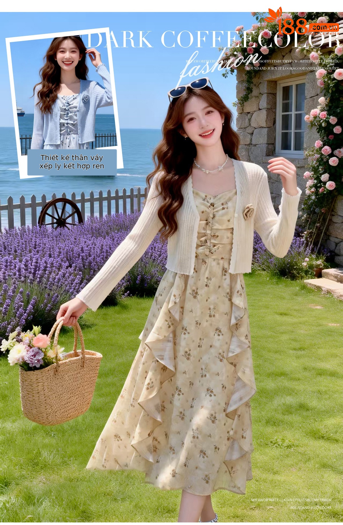 Bộ đầm hai mảnh gồm áo khoác cardigan và đầm maxi hoa nhí thắt eo BL2608 — xanh lam, màu be chi tiết 2