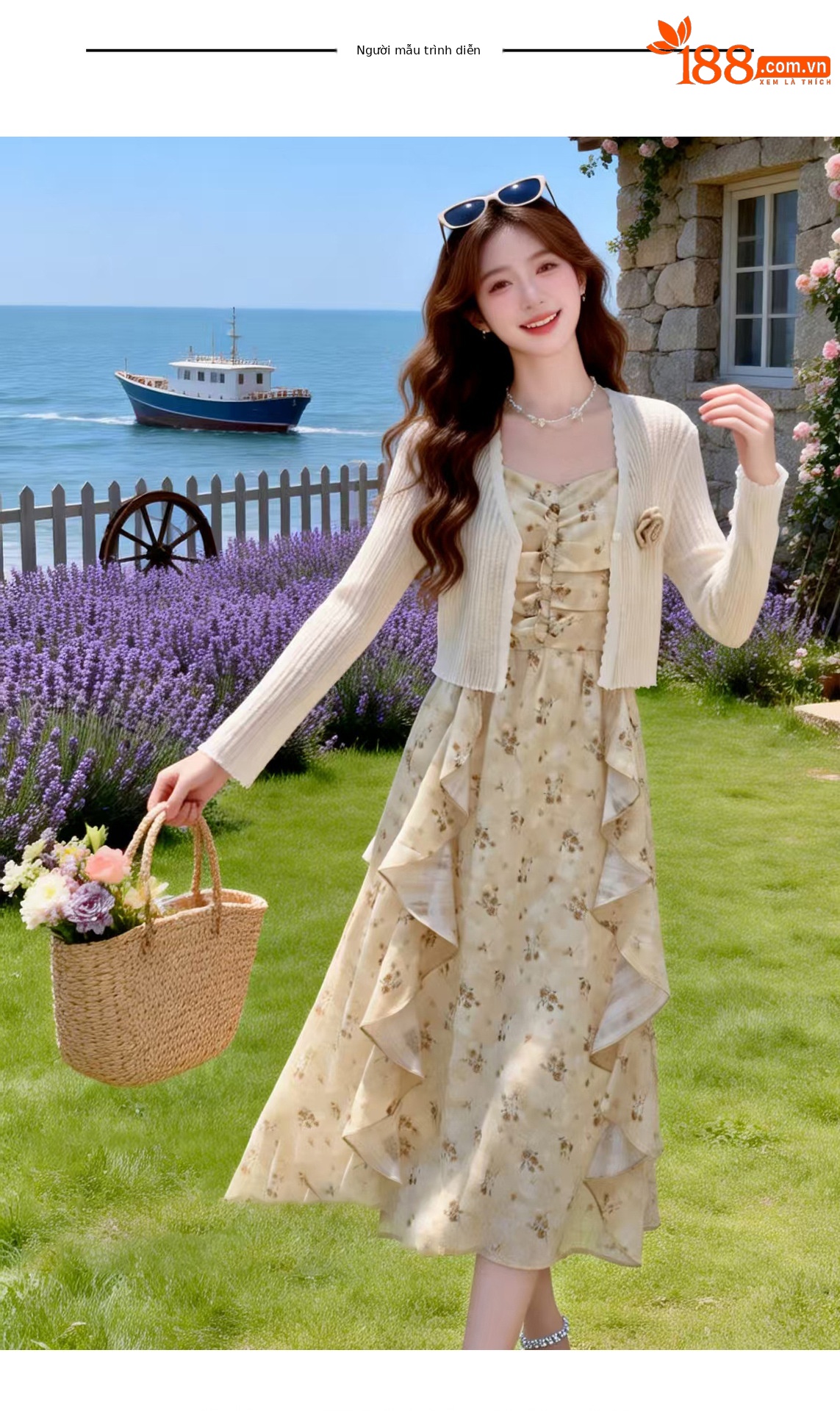 Bộ đầm hai mảnh gồm áo khoác cardigan và đầm maxi hoa nhí thắt eo BL2608 — xanh lam, màu be chi tiết 4