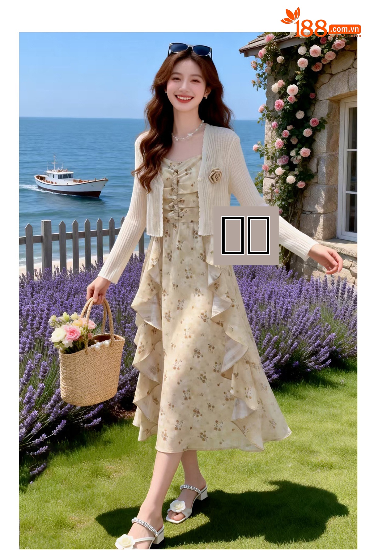 Bộ đầm hai mảnh gồm áo khoác cardigan và đầm maxi hoa nhí thắt eo BL2608 — xanh lam, màu be chi tiết 6