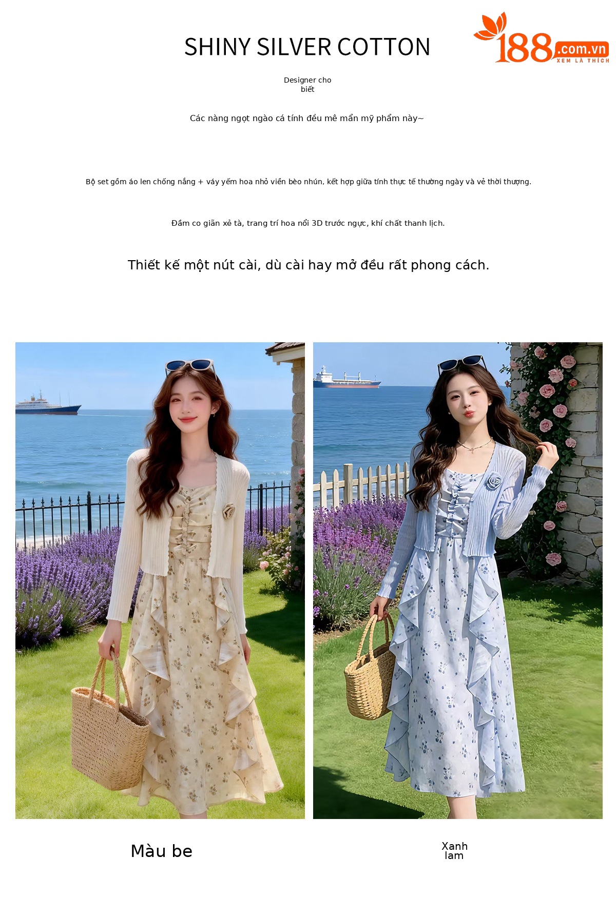 Bộ đầm hai mảnh gồm áo khoác cardigan và đầm maxi hoa nhí thắt eo BL2608 — xanh lam, màu be chi tiết 1