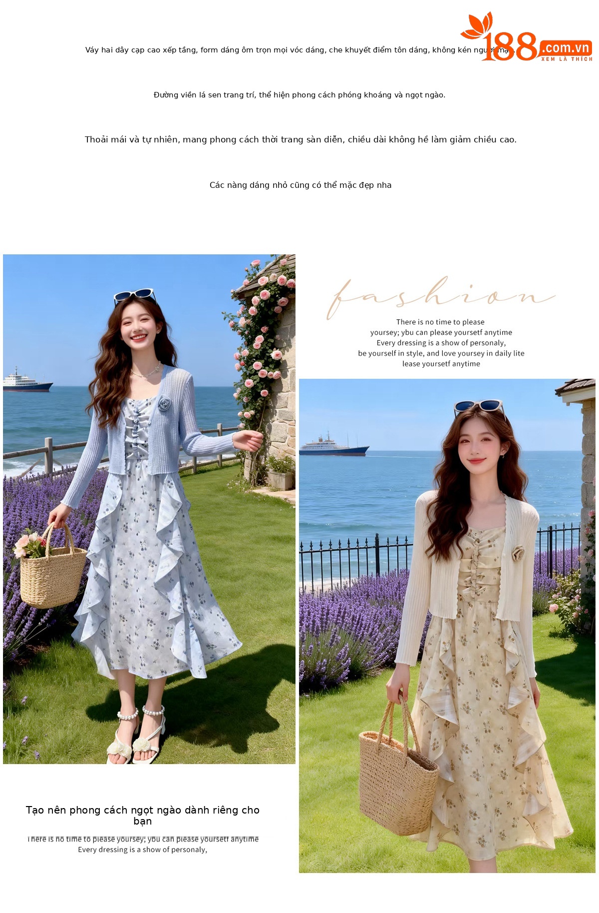 Bộ đầm hai mảnh gồm áo khoác cardigan và đầm maxi hoa nhí thắt eo BL2608 — xanh lam, màu be chi tiết 3