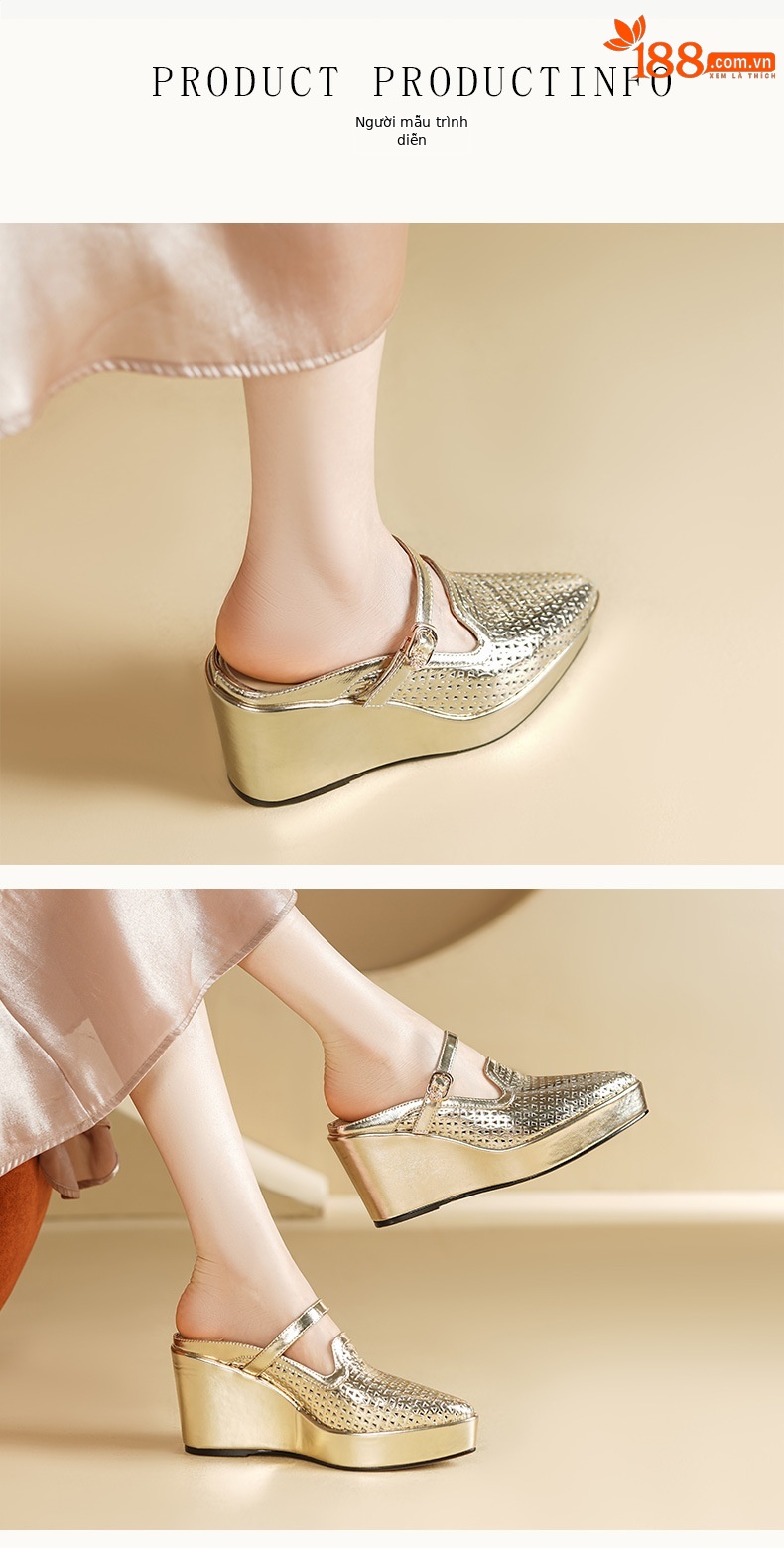 Sandal nữ mũi nhọn gót xuồng cao 9 cm, đế platform 5 cm, quai hở mũi, phong cách dáng lười — màu vàng, bạc chi tiết 2