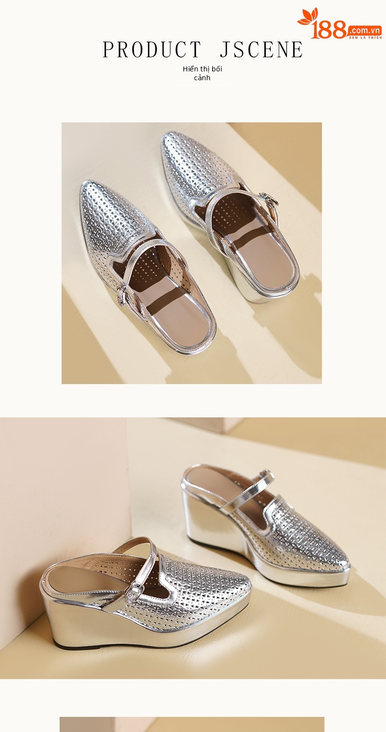 Sandal nữ mũi nhọn gót xuồng cao 9 cm, đế platform 5 cm, quai hở mũi, phong cách dáng lười — màu vàng, bạc chi tiết 5