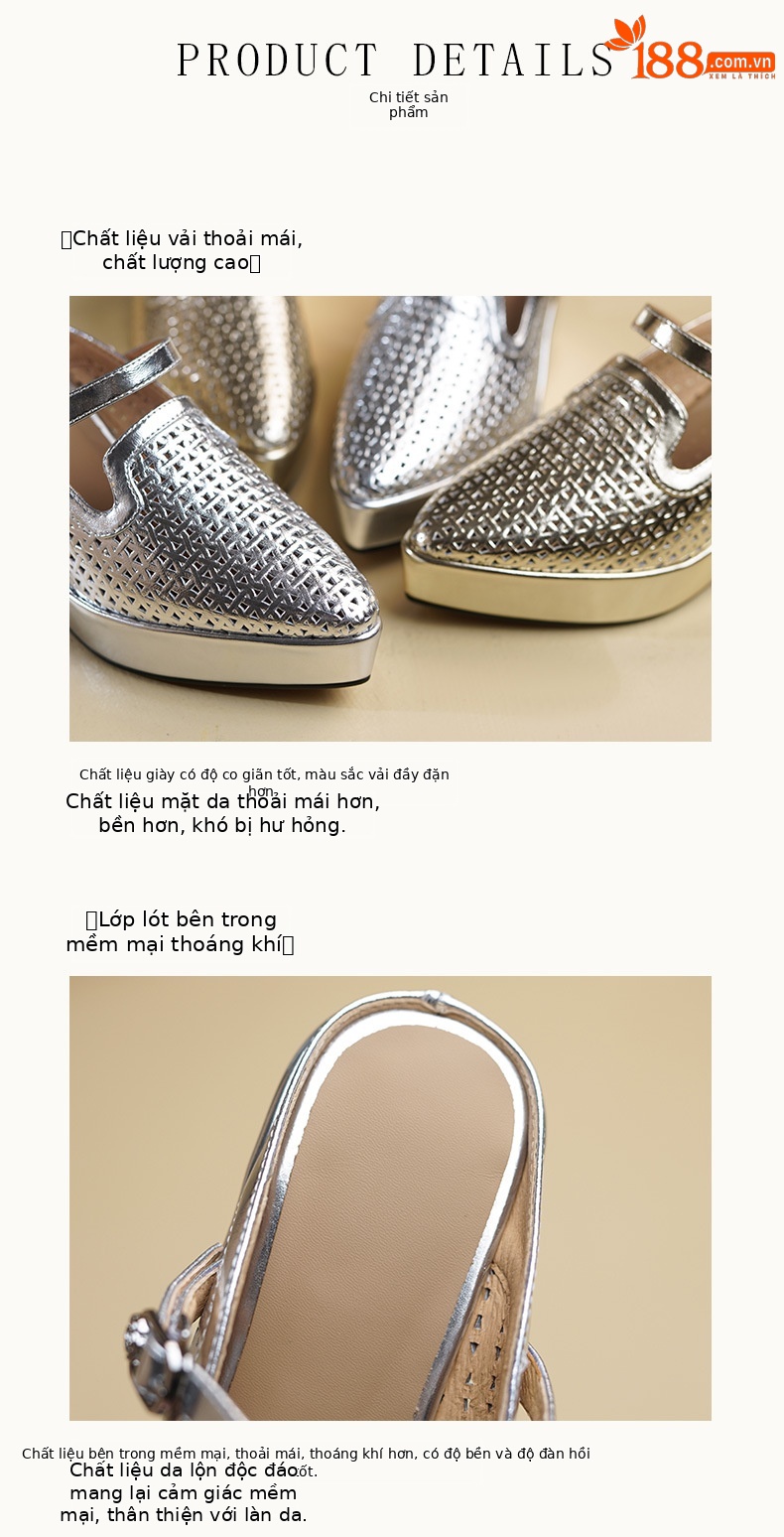Sandal nữ mũi nhọn gót xuồng cao 9 cm, đế platform 5 cm, quai hở mũi, phong cách dáng lười — màu vàng, bạc chi tiết 7