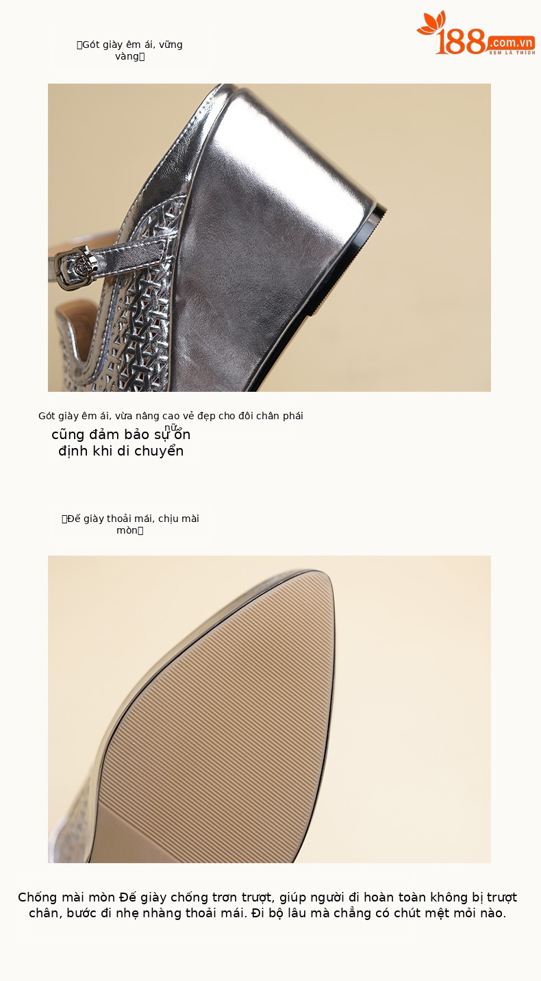 Sandal nữ mũi nhọn gót xuồng cao 9 cm, đế platform 5 cm, quai hở mũi, phong cách dáng lười — màu vàng, bạc chi tiết 8