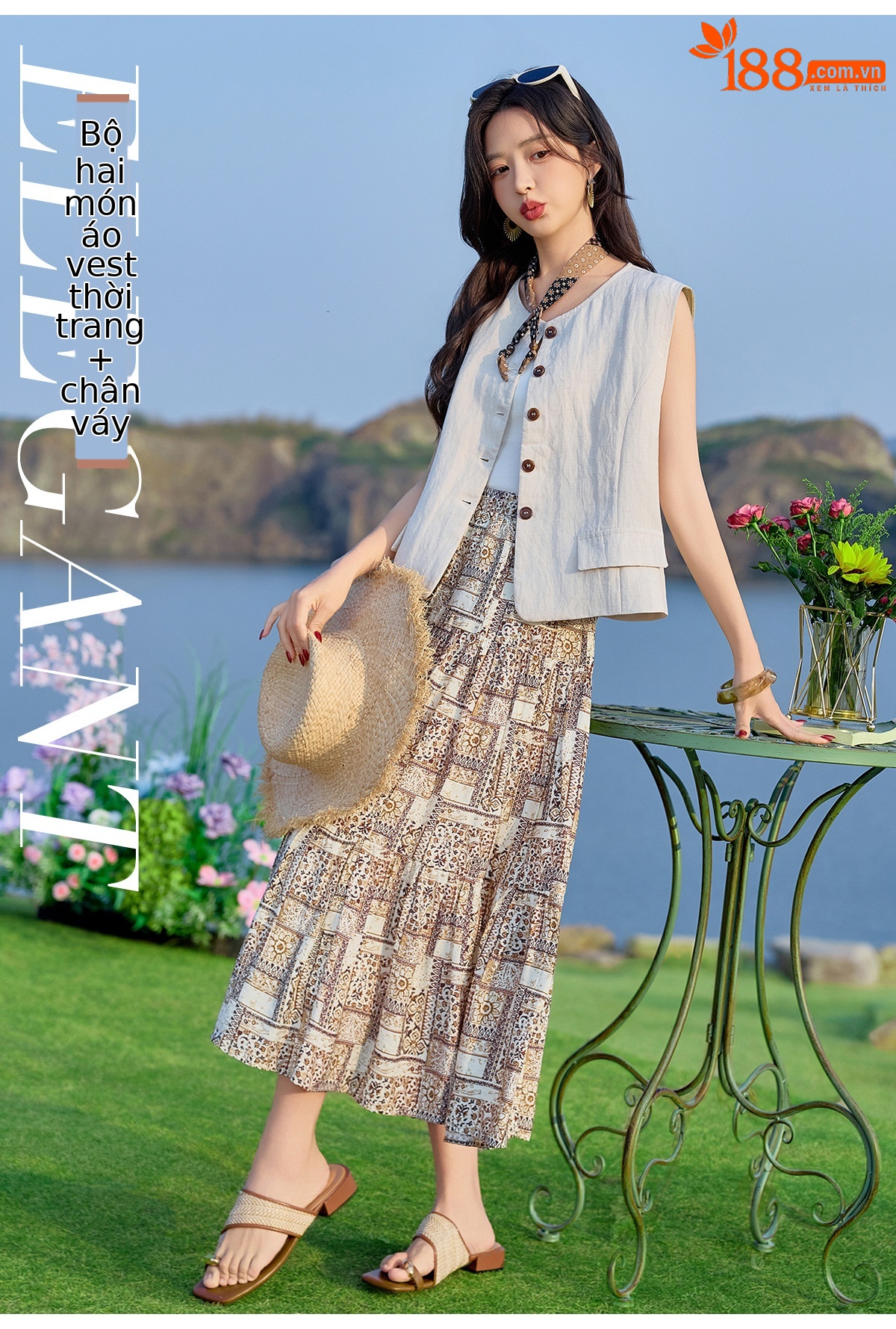 Set áo vest và chân váy hoa nhí hai mảnh nữ tính mùa hè — Màu ảnh chi tiết 1