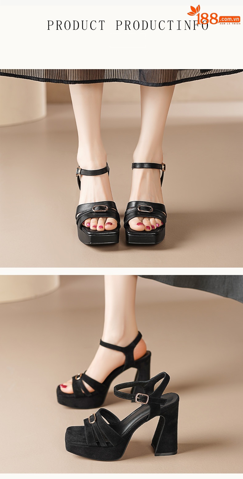 Sandal cao gót nữ hở mũi quai ngang khóa gót 10.5 cm — Da bò trắng gạo chi tiết 8