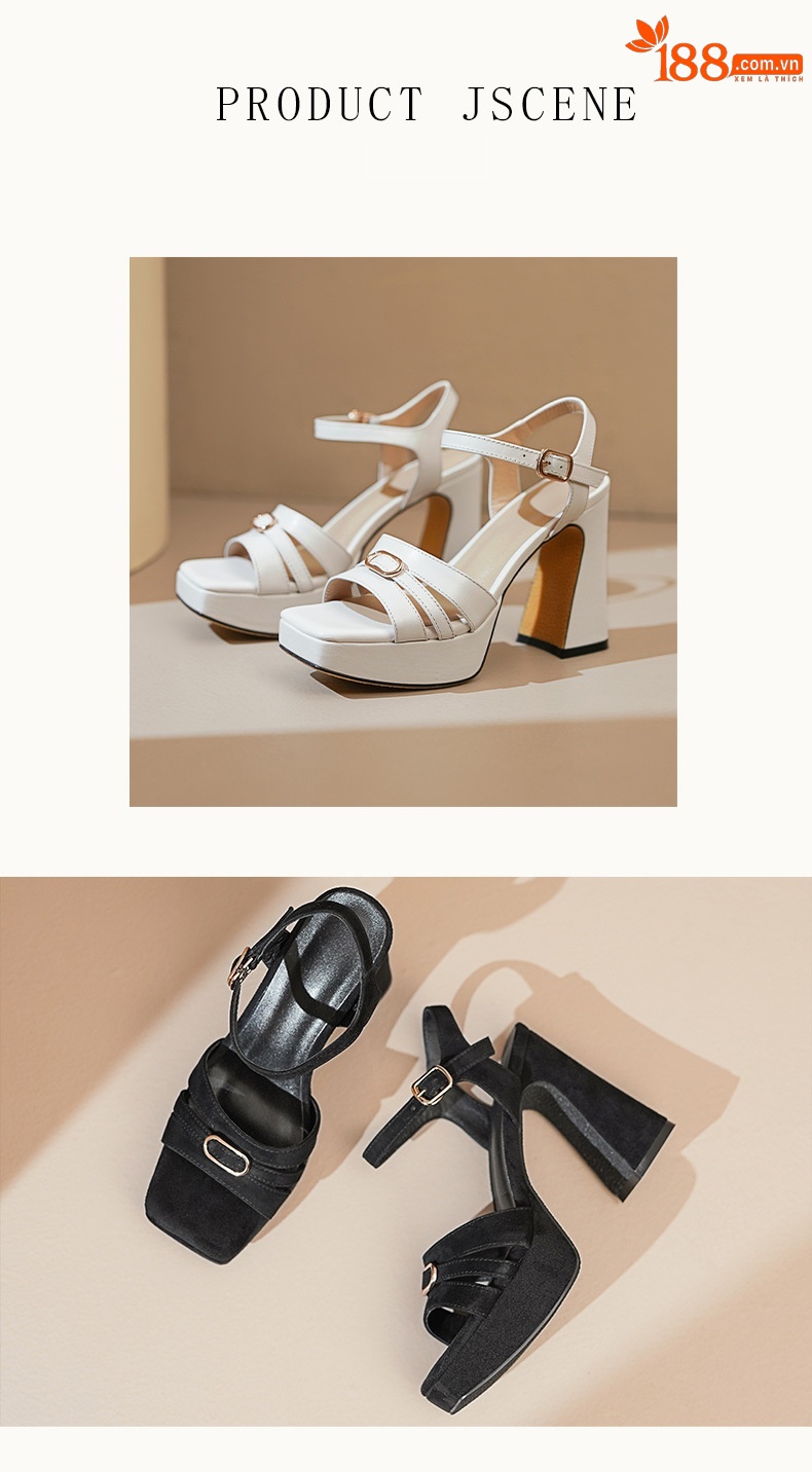 Sandal cao gót nữ hở mũi quai ngang khóa gót 10.5 cm — Da bò trắng gạo chi tiết 11