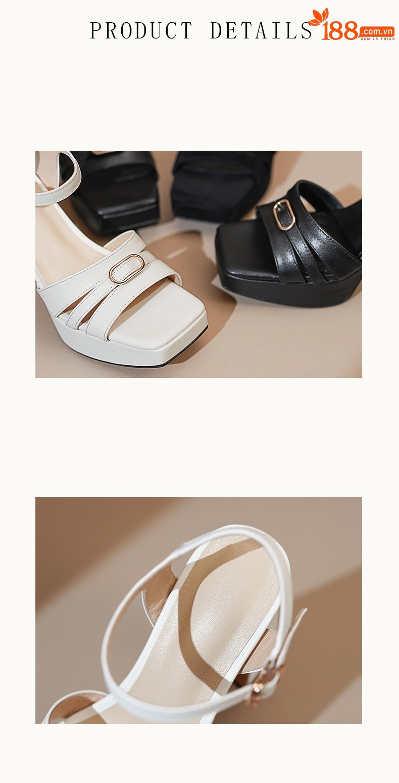 Sandal cao gót nữ hở mũi quai ngang khóa gót 10.5 cm — Da bò trắng gạo chi tiết 13