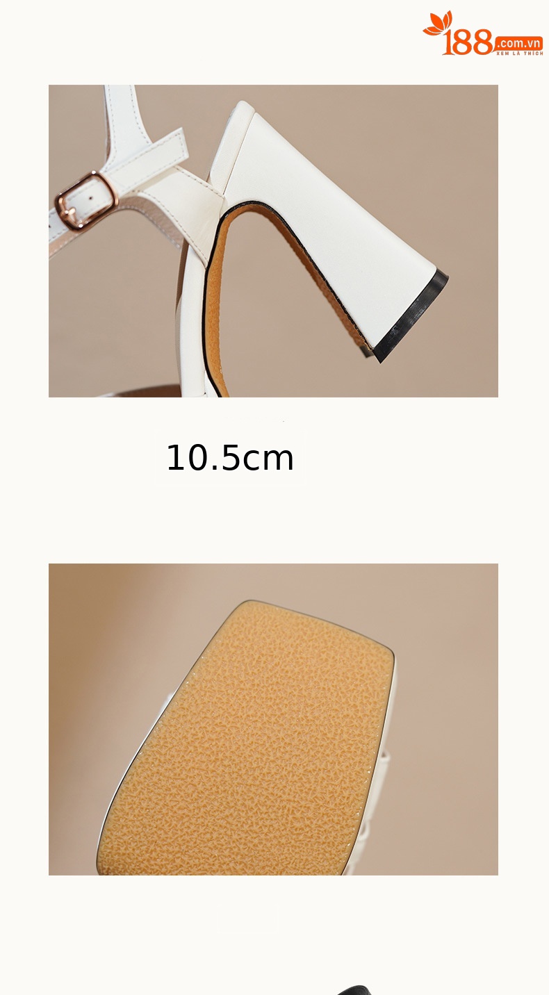 Sandal cao gót nữ hở mũi quai ngang khóa gót 10.5 cm — Da bò trắng gạo chi tiết 14