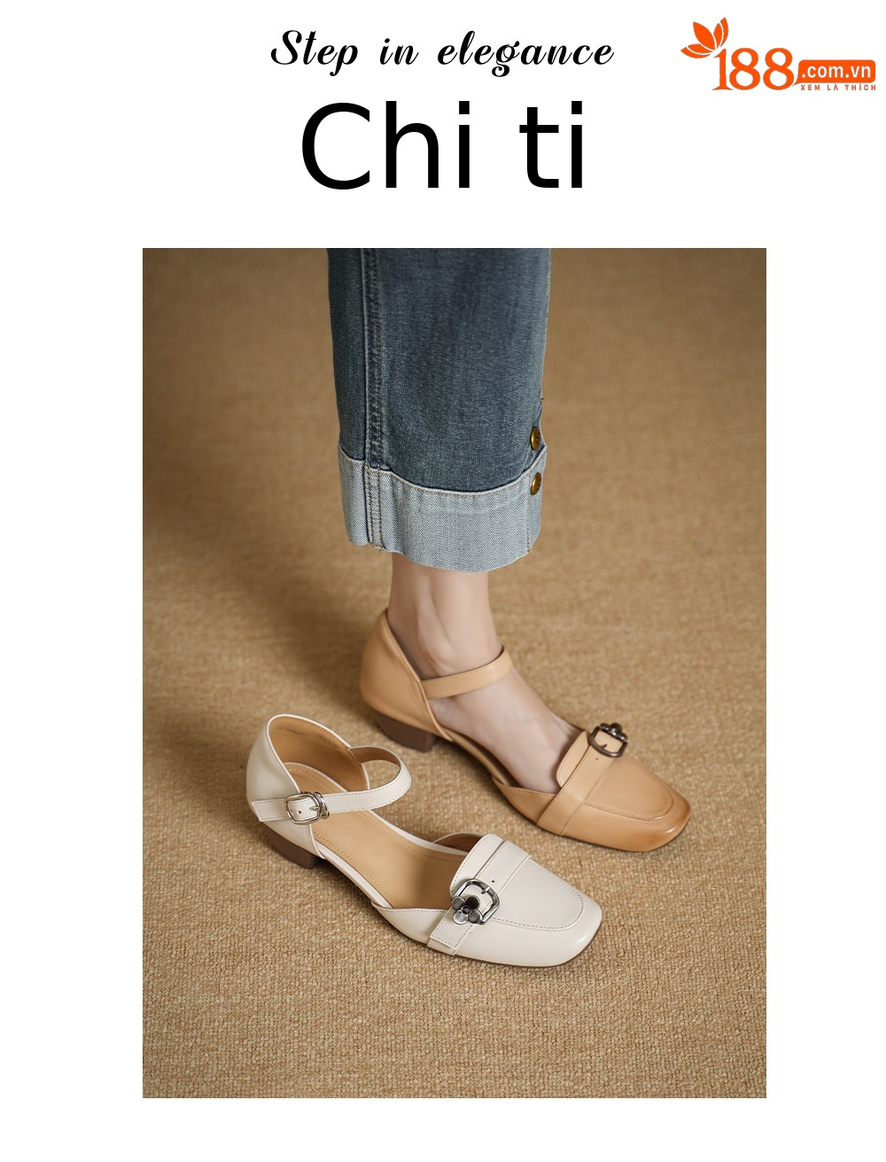 Sandal nữ gót thấp 3,5 cm đầu vuông quai ngang có khóa, phong cách thanh lịch — màu trắng ngà chi tiết 2