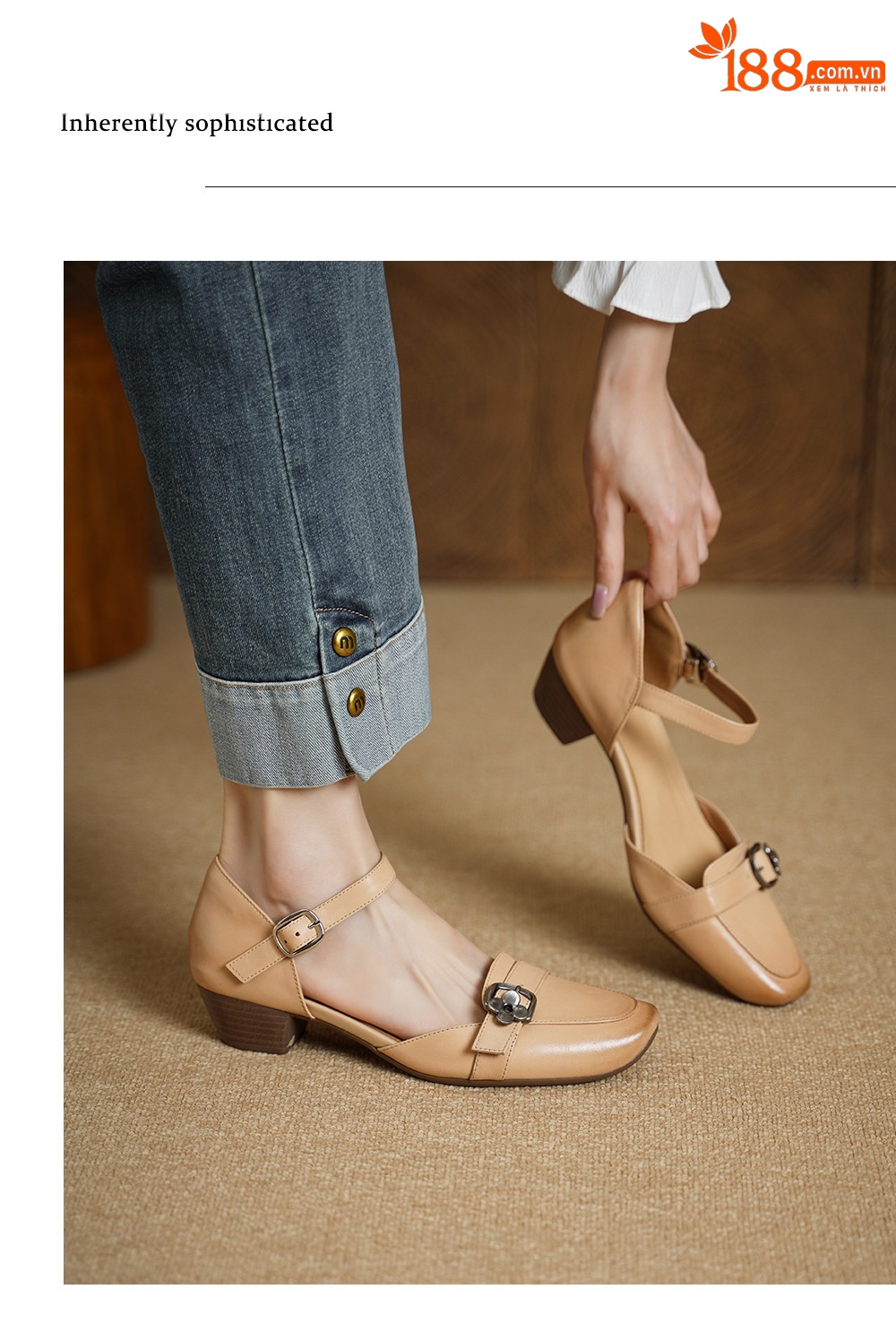 Sandal nữ gót thấp 3,5 cm đầu vuông quai ngang có khóa, phong cách thanh lịch — màu trắng ngà chi tiết 3