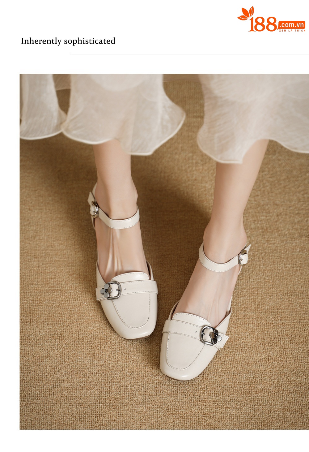 Sandal nữ gót thấp 3,5 cm đầu vuông quai ngang có khóa, phong cách thanh lịch — màu trắng ngà chi tiết 4