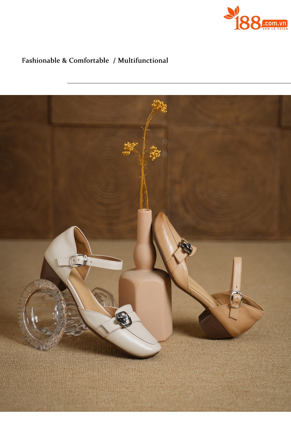 Sandal nữ gót thấp 3,5 cm đầu vuông quai ngang có khóa, phong cách thanh lịch — màu trắng ngà chi tiết 11