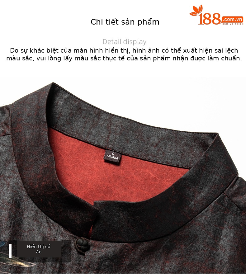Áo sơ mi nam ngắn tay cổ đứng phong cách Đường trang quốc triều — Da đen 26629 chi tiết 12