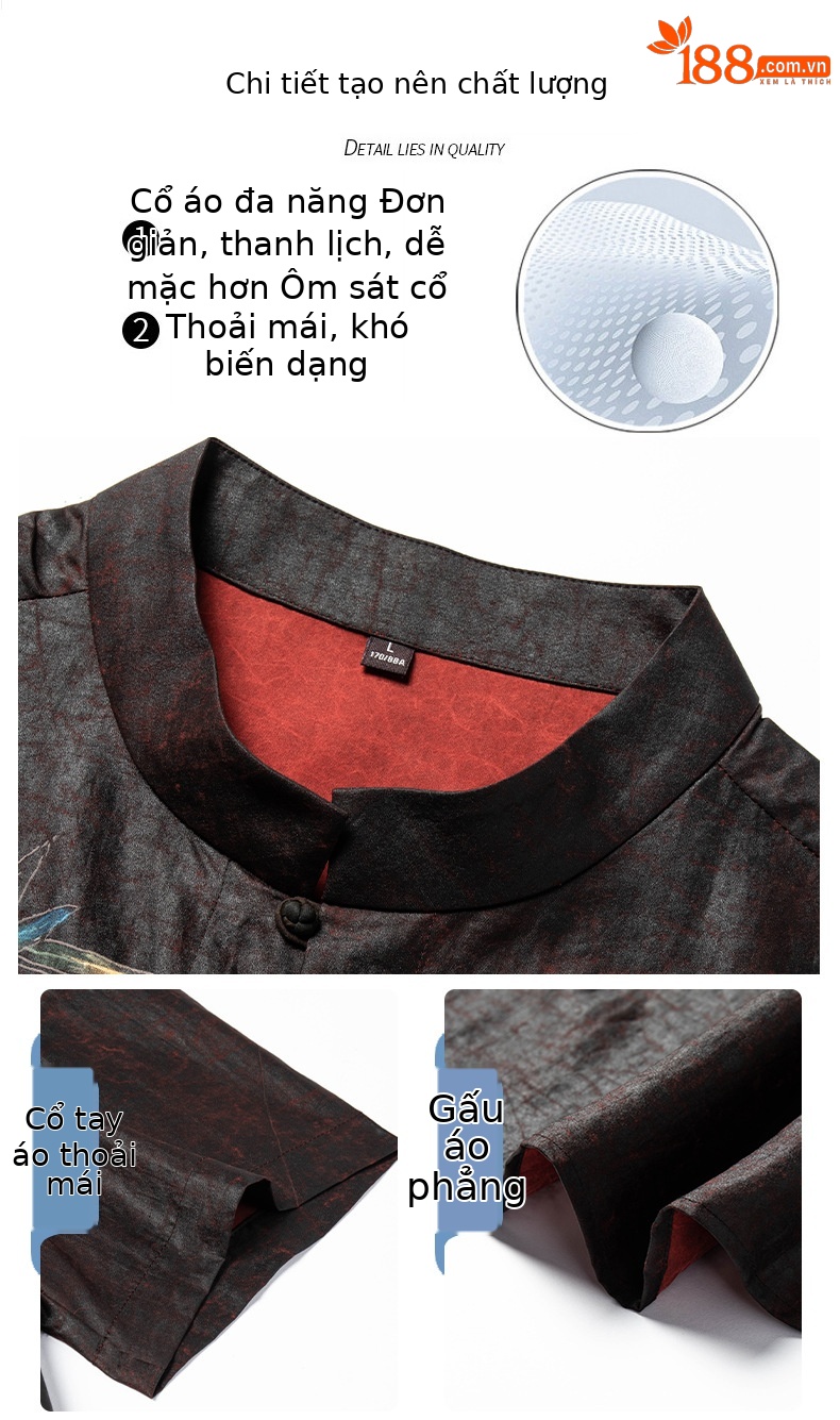 Áo sơ mi nam ngắn tay cổ đứng phong cách Đường trang quốc triều — Da đen 26629 chi tiết 4