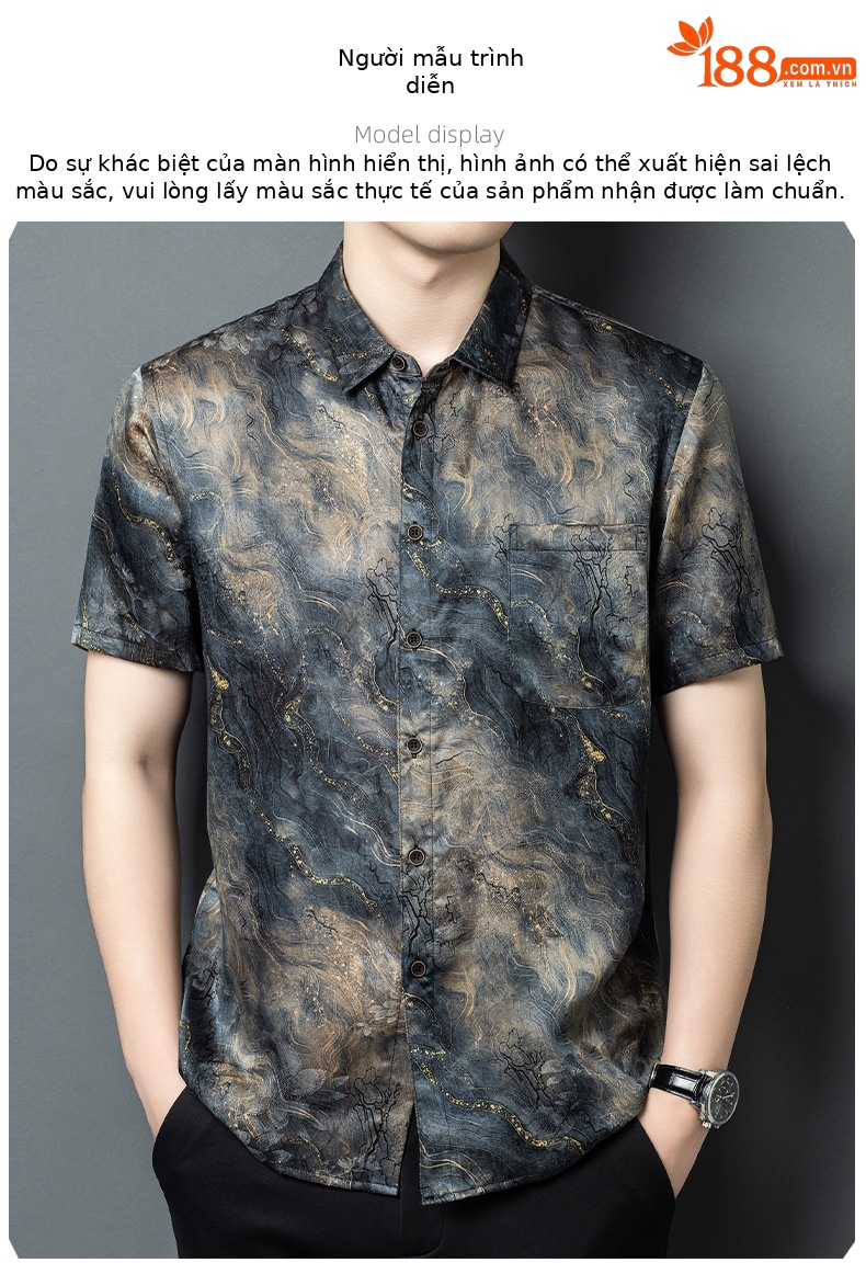 Áo sơ mi nam ngắn tay lụa Mulberry Silk rộng rãi mùa hè — Xám 26625 chi tiết 7