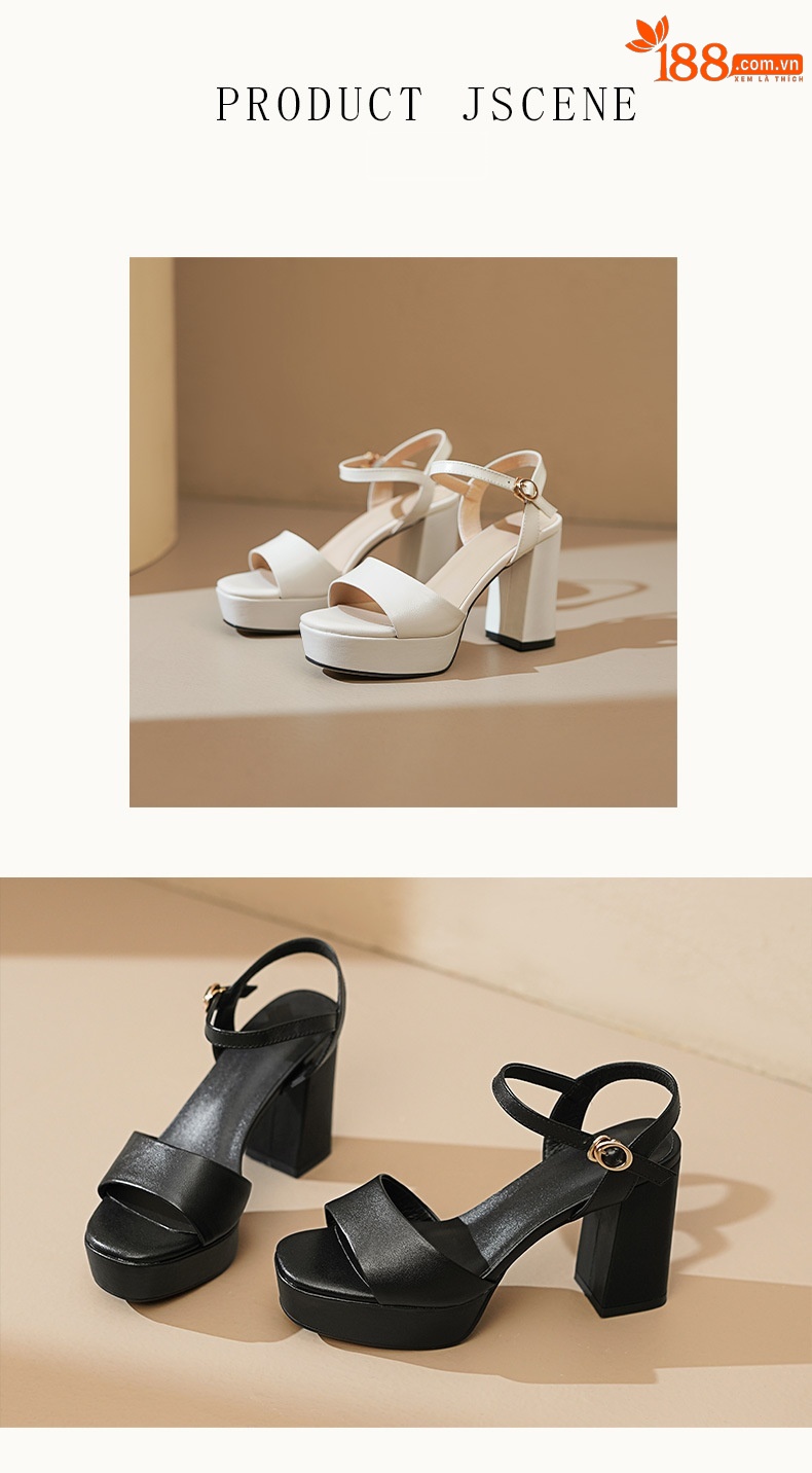 Sandal cao gót nữ hở mũi quai ngang khóa gót 9 cm — Da bò trắng gạo chi tiết 6